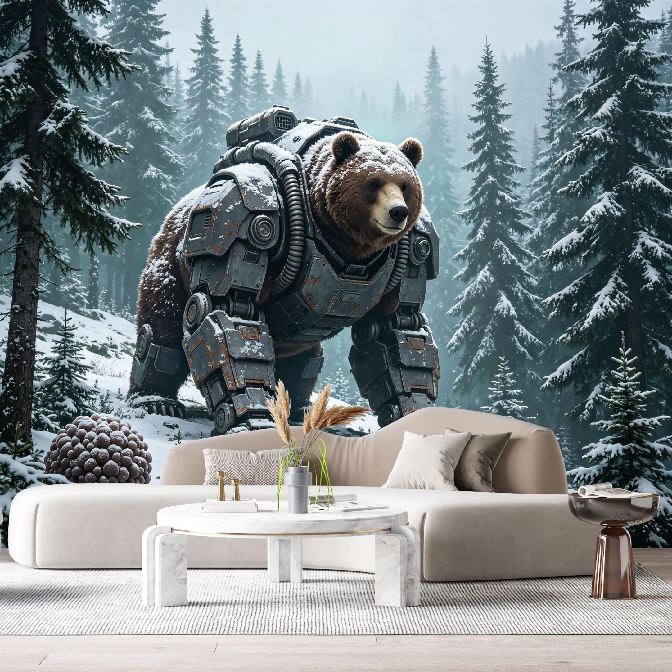 Custom Size Wall Mural Armored Wild Beast Mech in Snow Forest Futuristic Armor Robot Wildlife Science Fiction Style SelfAdhesive Art Prints Removable Large Wallpaper Esports Game Room Studio