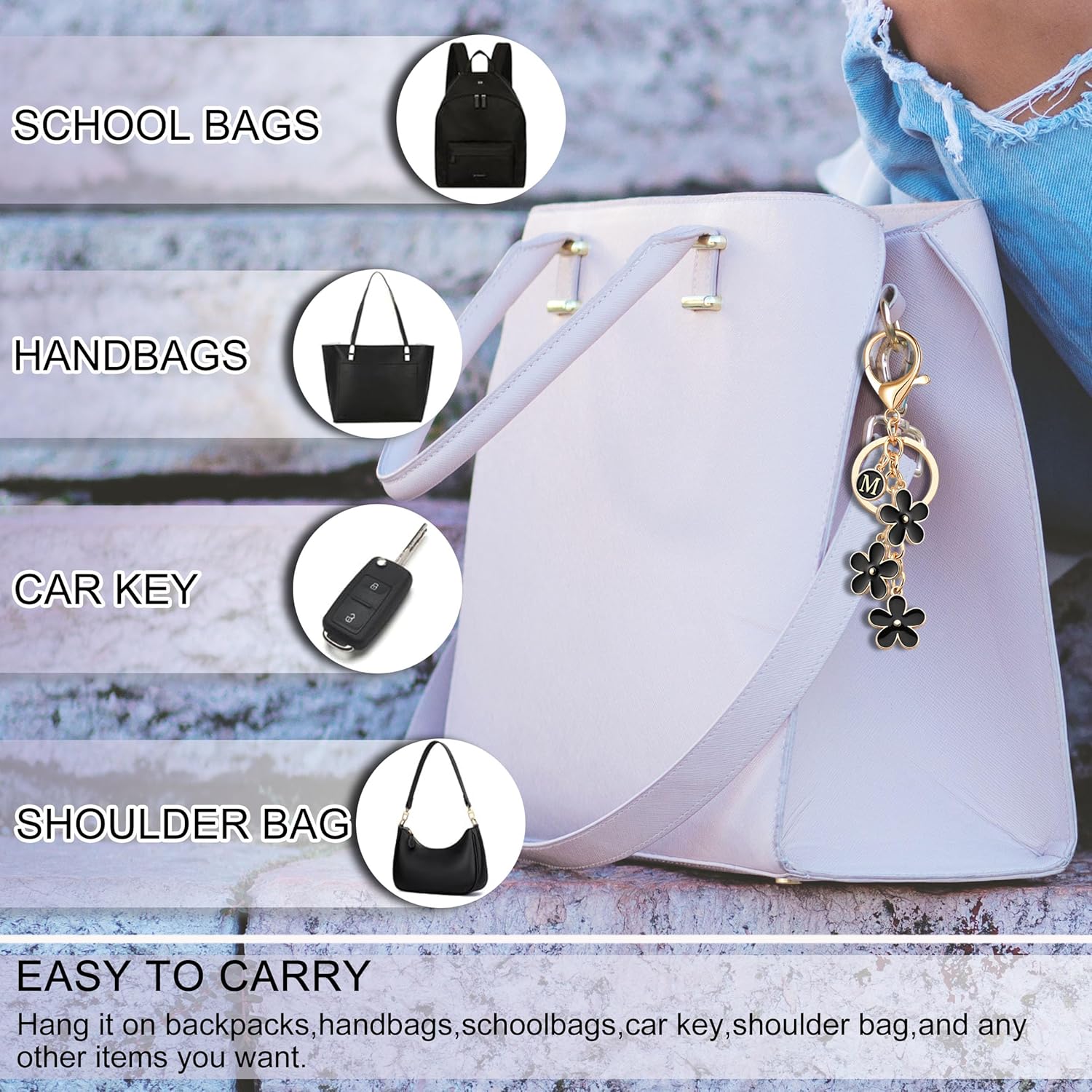 OUMILAN Initial Keychain Cute Flower Charms Keyring for Handbag Backpack–Personalized A-Z Letter Jewelry Gift for Women Girls - Image 6