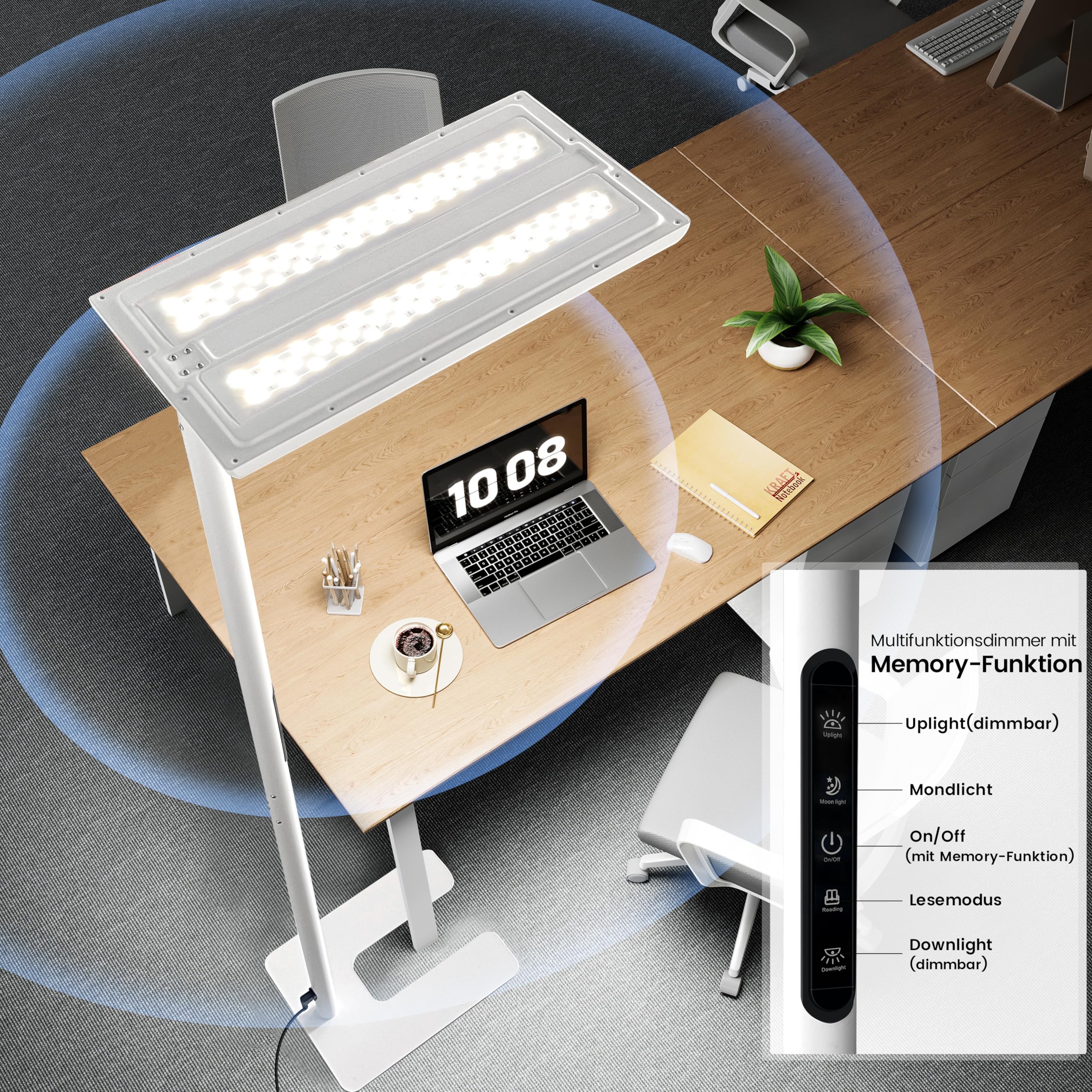 Büro Stehlampe – UGR<16, CRI>98, 7000lm, 4000K, Vollspektrum | 7000lm Tageslicht | UGR<16 blendfrei + CRI>98 | Vollspektrum 4000K | 60W+50W dimmbar | Büro, Kinderzimmer, Lesen | 198cm