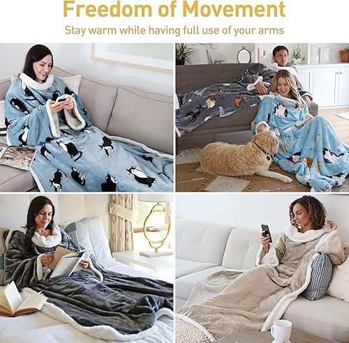 Miniatura 6 de Catalonia - Manta de forro polar tipo sherpa con mangas y bolsillo, microfelpa abrigada y cómoda para ver TV, manta para adultos, mujeres y hombres,