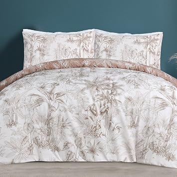 Sleepdown Tropical Monkey Natural Brown Reversible Duvet Cover Quilt Bedding Set with Pillowcases Soft Easy Care Bed Linen - Double 200cm x 200cm, 5056557511822, Beige