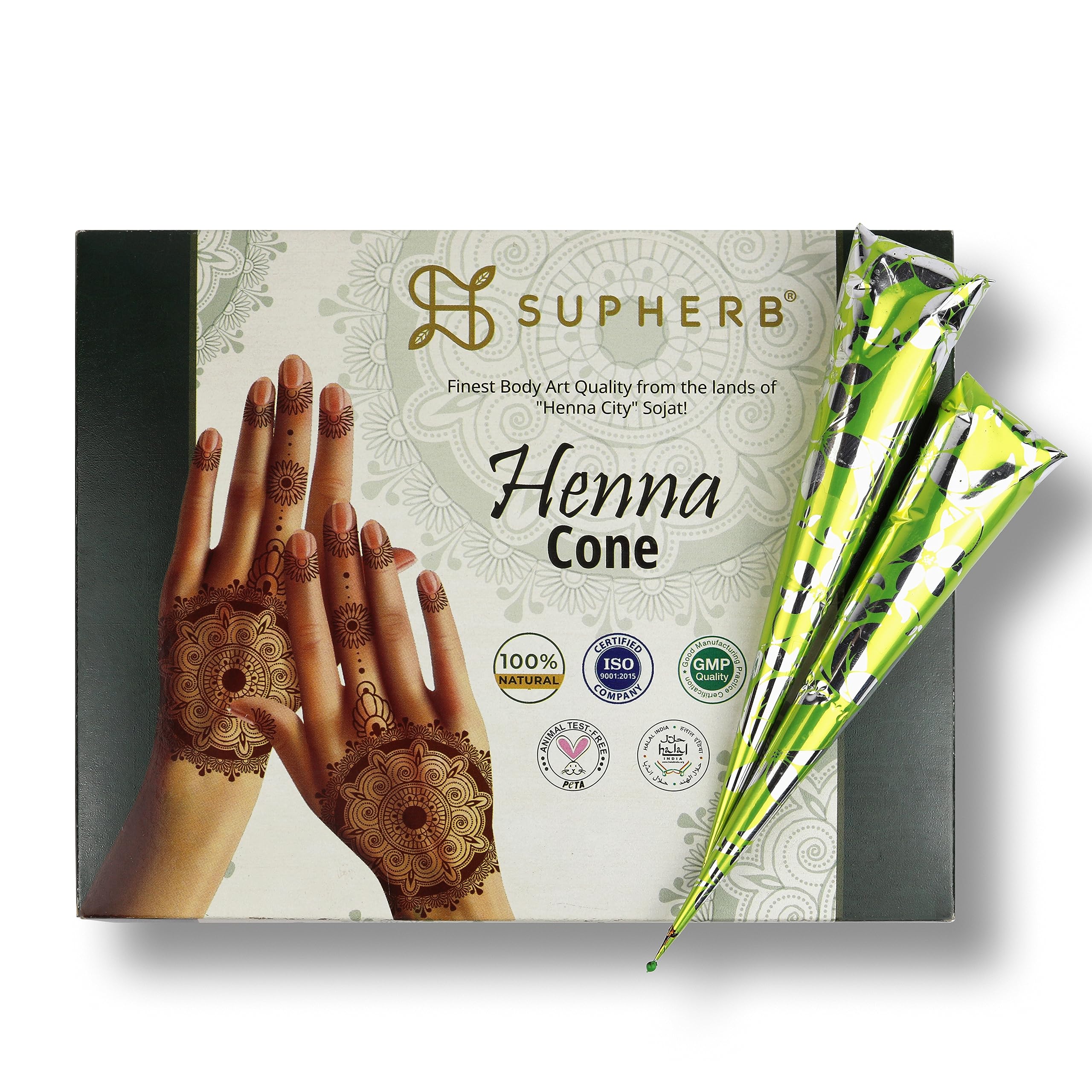 SUPHERB - Mehandi Cone Pack of 12 - Organic & Natural Henna Leaf Mehendi for Instant Hand & Body Tattoo Art Design - Long Lasting Colour Paste Cone for Festivals & Occasions - Chemical Dye Free