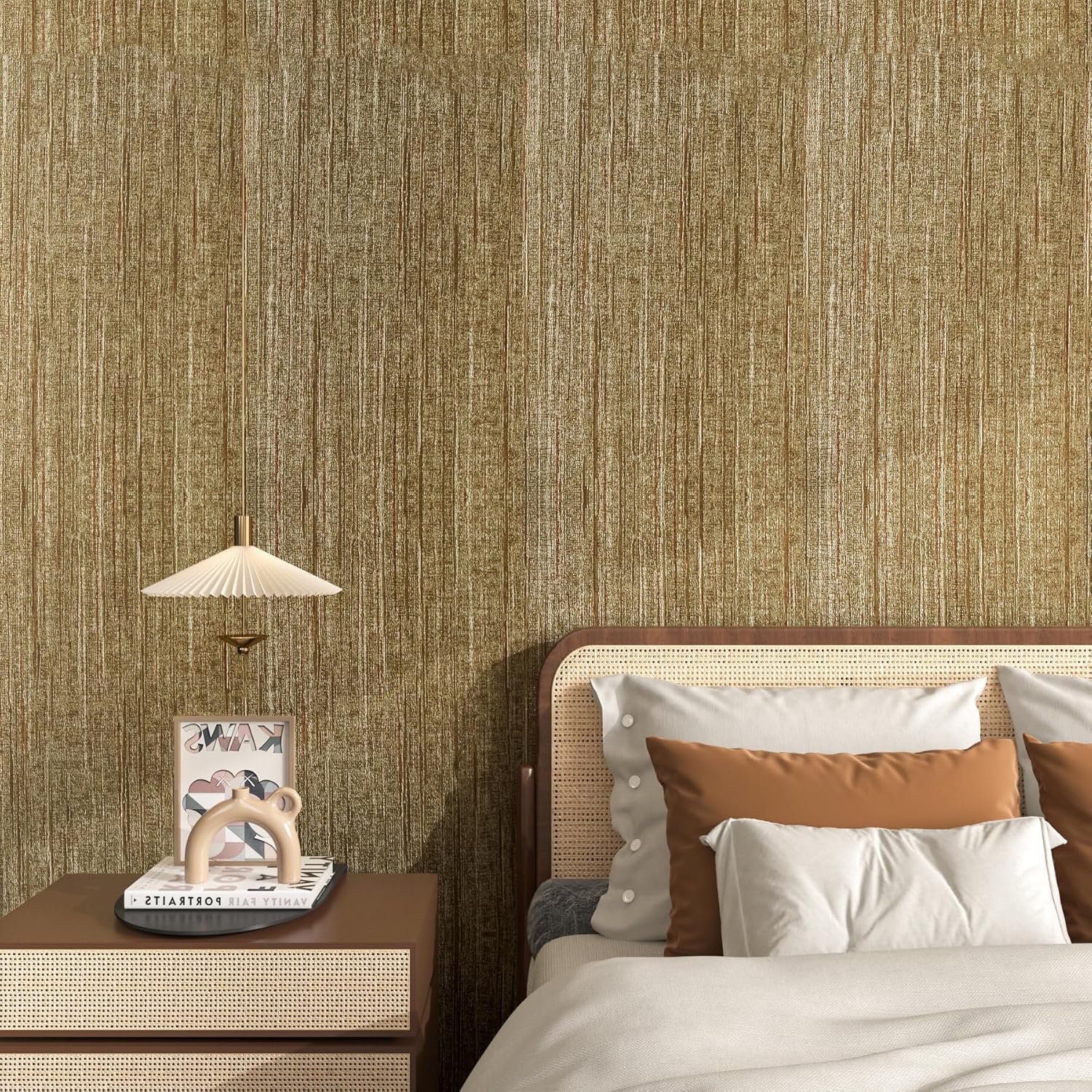 FunStick 24"x200" Gold Textured Wallpaper Peel and Stick Grasscloth Wallpaper Rolls for Walls Texture Removable Contact Paper Renter Friendly Self Adhesive Wallpaper for Bathroom Living Room Furniture