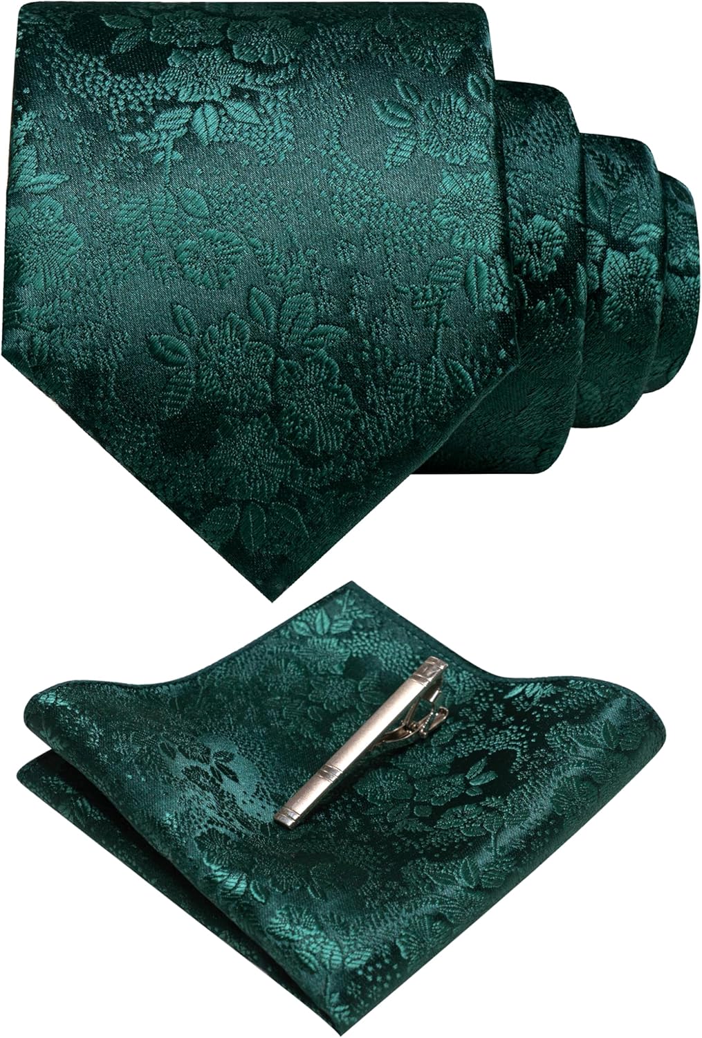 JEMYGINS Men's Floral Necktie Set with Pocket Square & Tie Clip - Silk Blend Jacquard Woven, Smooth & Elegant