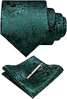 JEMYGINS Men's Floral Necktie Set with Pocket Square & Tie Clip - Silk Blend Jacquard Woven, Smooth & Elegant