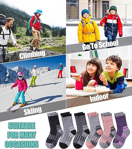 Miniatura 6 de LINEMIN Calcetines de senderismo de lana merino para niños y niñas, cálidos, gruesos, térmicos, acolchados, para invierno, 6 pares