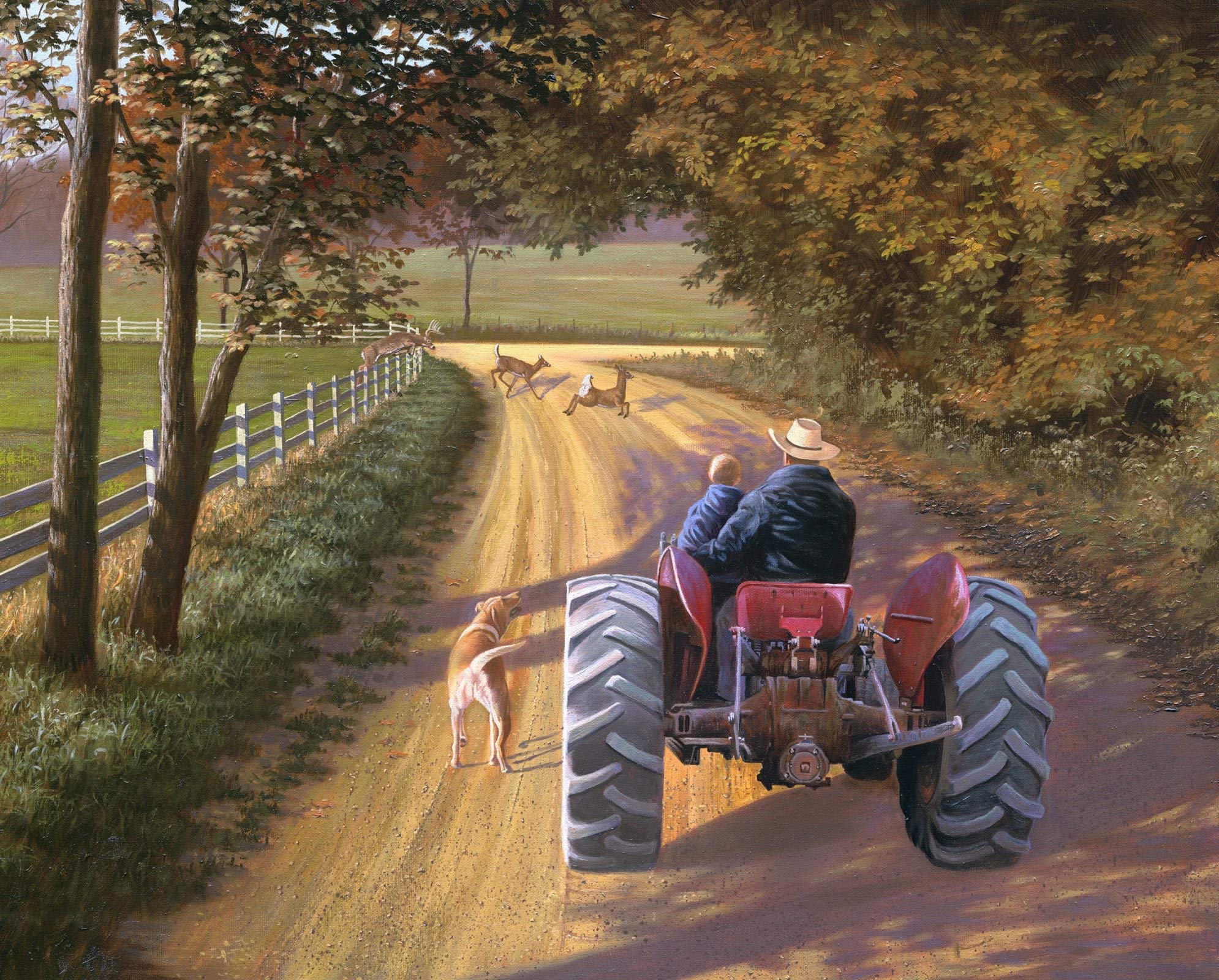 David Textiles Down Memory Lane Farmer with Grandson On Tractor Cotton Fabric 36 X 44 AL-3859
