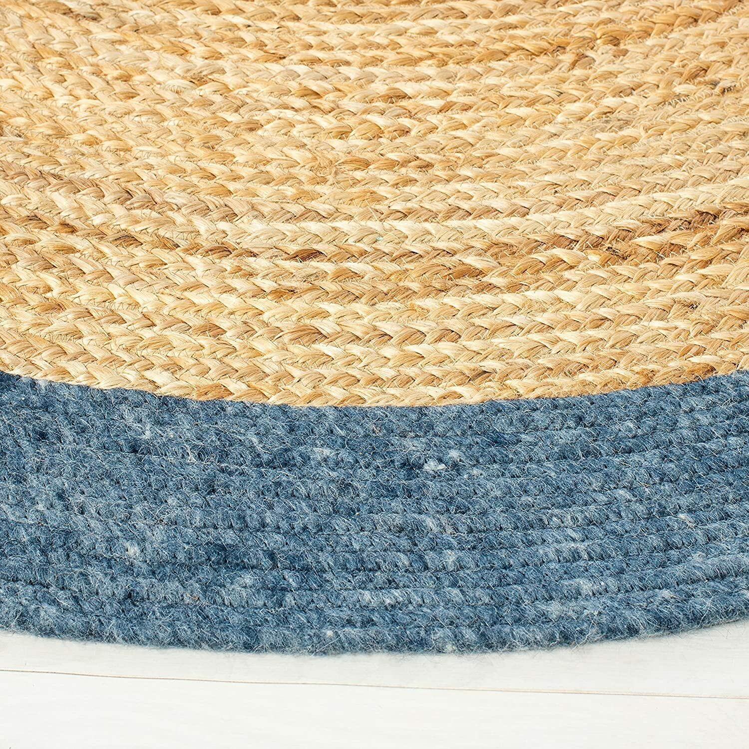 Tapis Ovale en Jute Naturelle tressée à la Main pour décoration d'intérieur, Salon (150 x 240 cm) Beige avec Bordure Bleue