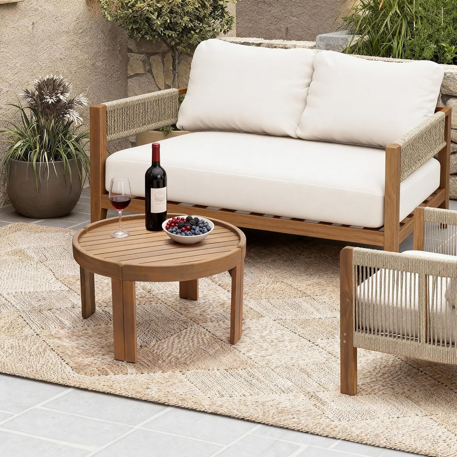 LuxenHome 27.5" Dia Outdoor Round Coffee Table, Acacia Wood Patio Table with Raised Edge, Small Wooden Garden Coffee Table for Balcony, Patio, Porch