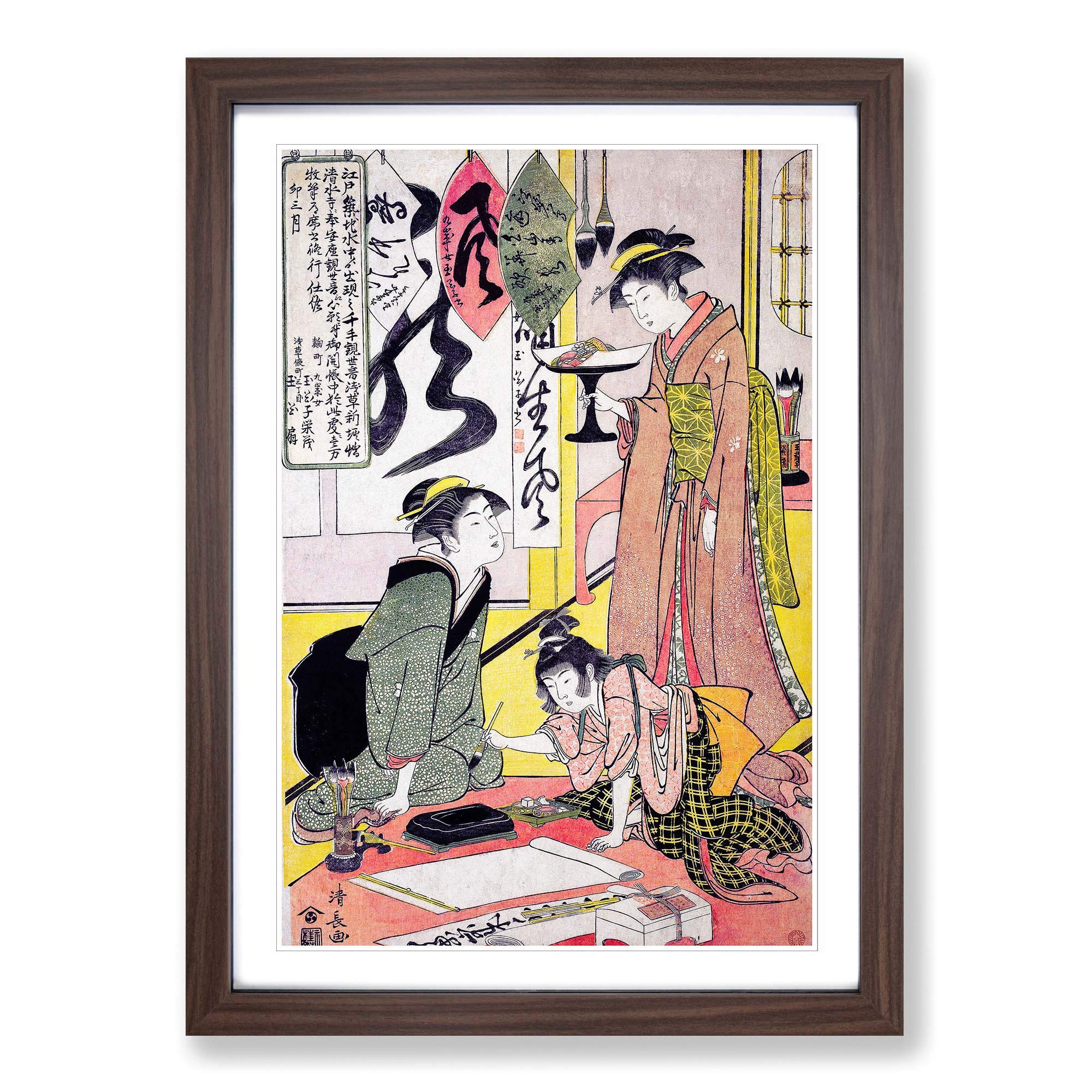 Big Box Art Eimo Preparing Calligraphy by Torii Kiyonaga Framed Wall Art Picture Print Ready to Hang, Walnut A2 (62 x 45 cm)