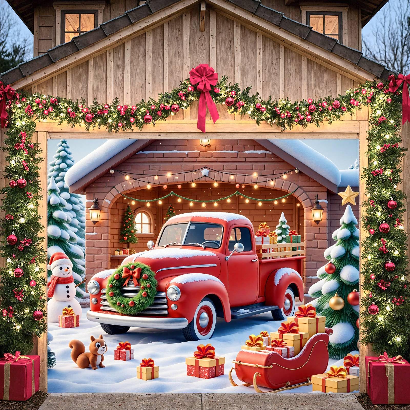 Christmas Garage Door Cover Banner Decorations, 7 x 8 Ft Merry Christmas Red Truck Snowman Tree Garage Door Backdrop for Xmas Winter Holiday New Year Party Supplies Indoor Outdoor Wall Decor