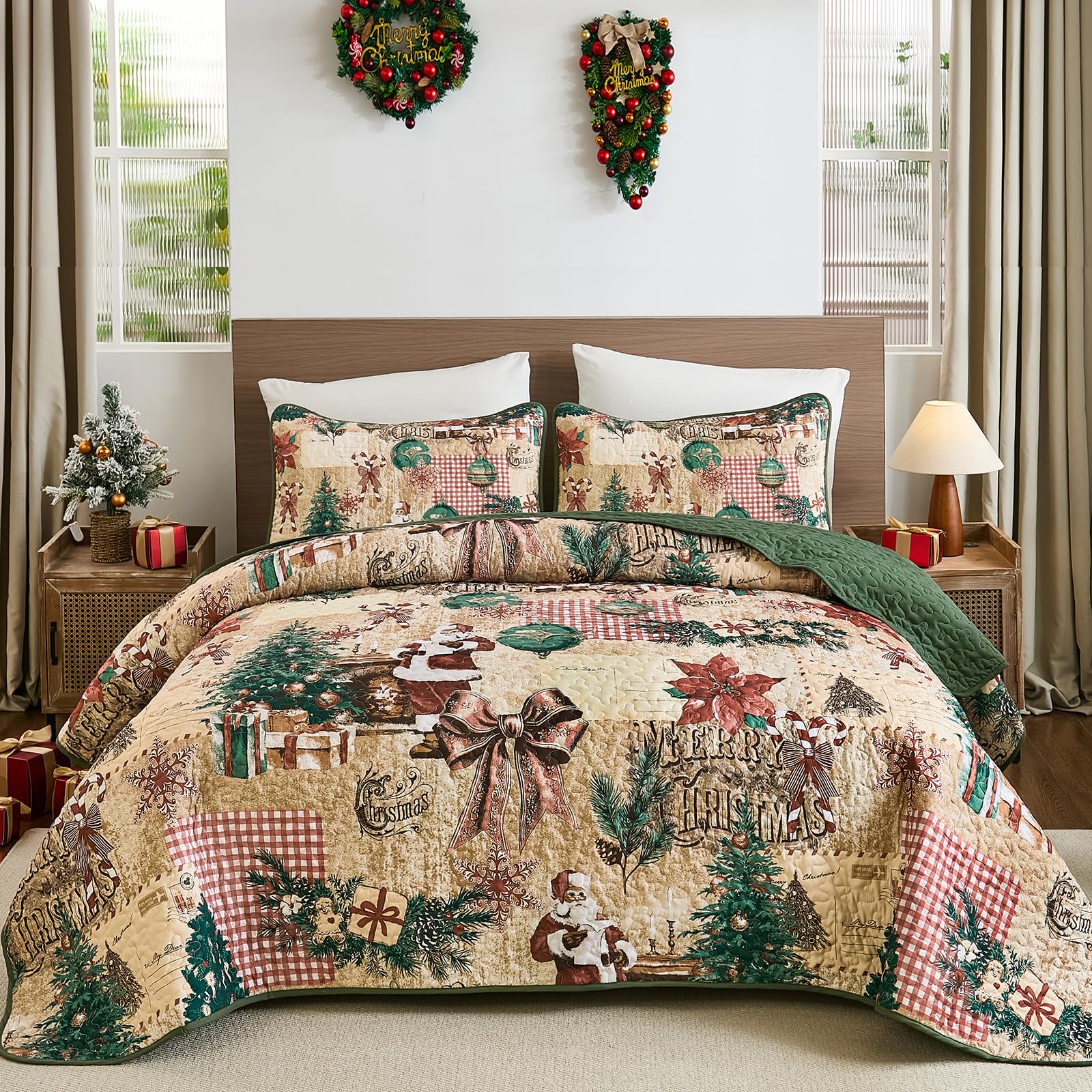 WONGS BEDDING Tagesdecke 220x240 Weihnachts Bettüberwurf Steppdecke Doppelbett Gesteppt Mikrofaser 3 Teilig Weihnachts Tagesdecken mit 2 Kissenbezüge 50x75, Braun Weihnachtsmann-Weihnachtsbaum Küche, Haushalt & Wohnen