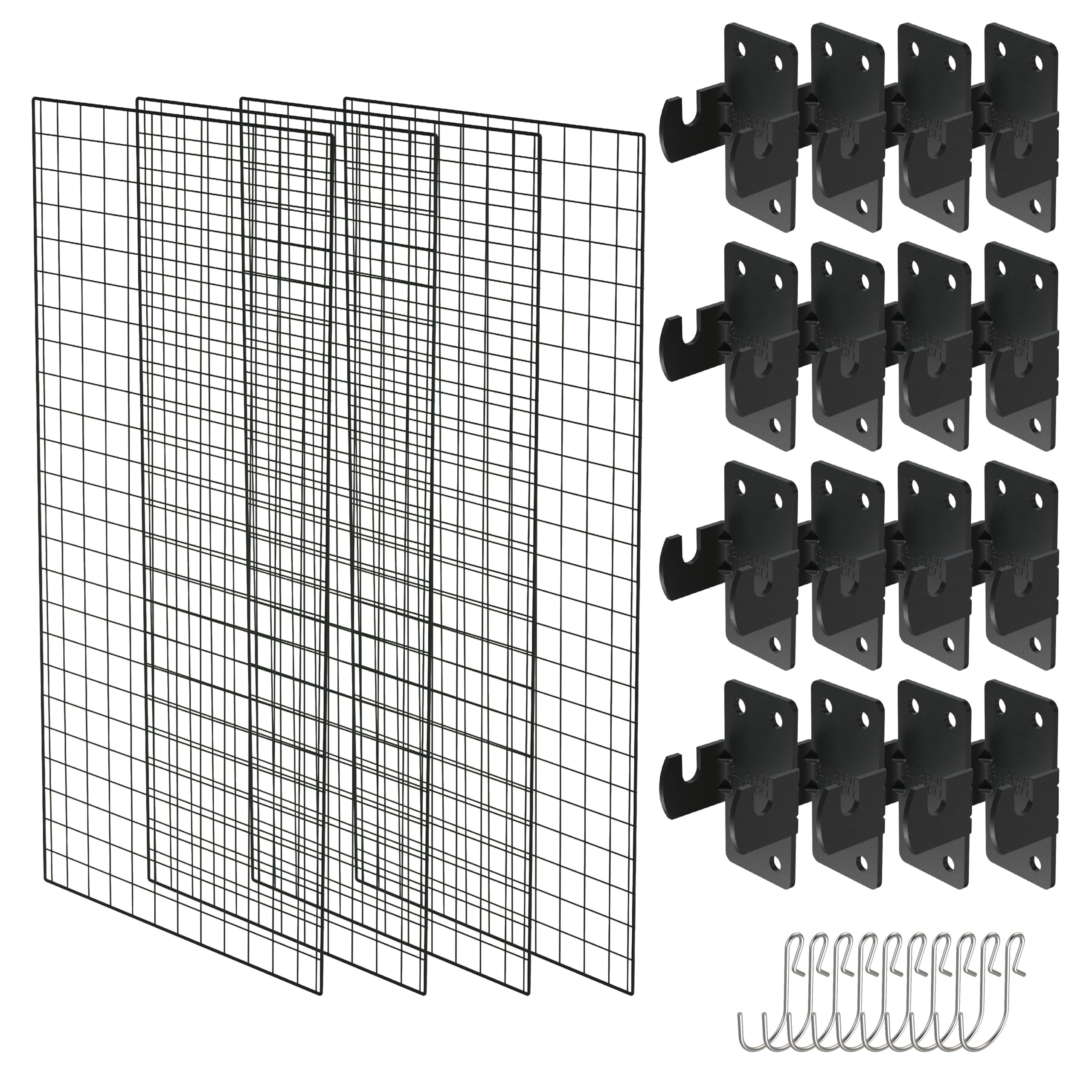 NACETURE Grid Wall Panels- 4 Pcs 2x4 ft Black Grid Wall Panel Display with 16 Gridwall Hooks & 10 S-Hooks, Space Saving Wire Mesh Panels for Retail,