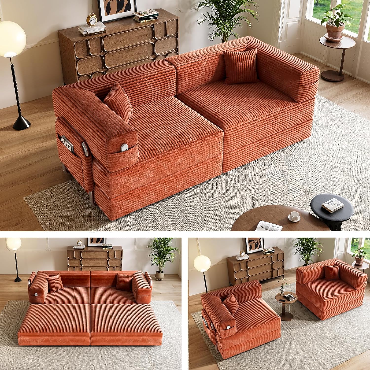 78" Convertible Sofa Bed, Modular Corduroy Floor Sleeper Sofa with Fixed-Shape Frame and 2 Pillows, Love Seat Folding Mattress Couch for Living Room Small Spaces - No Assembly, Orange