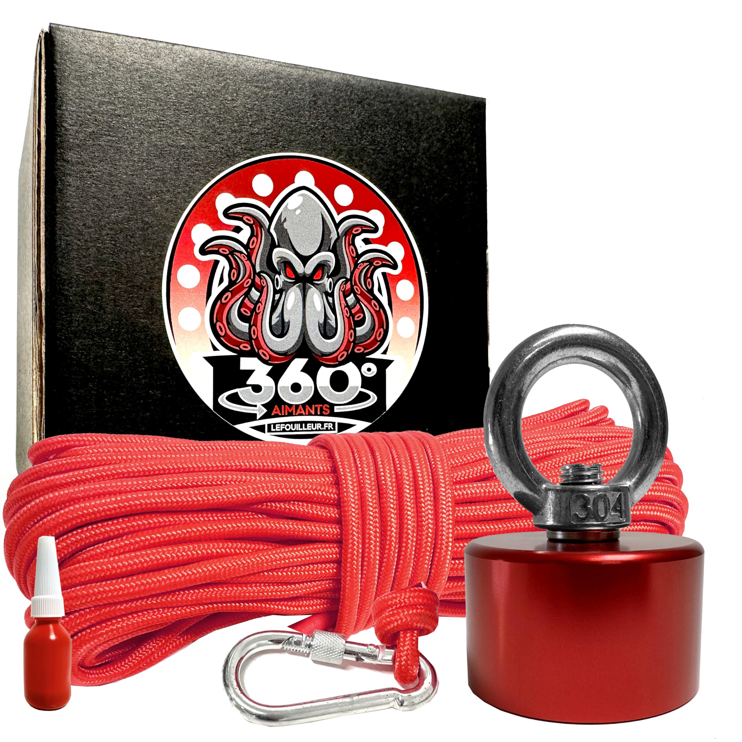 Aimant Utilitaire 360° Puissant en Néodyme - 280KG avec Coque de Protection + Corde de 30M (8mm) - Rouge