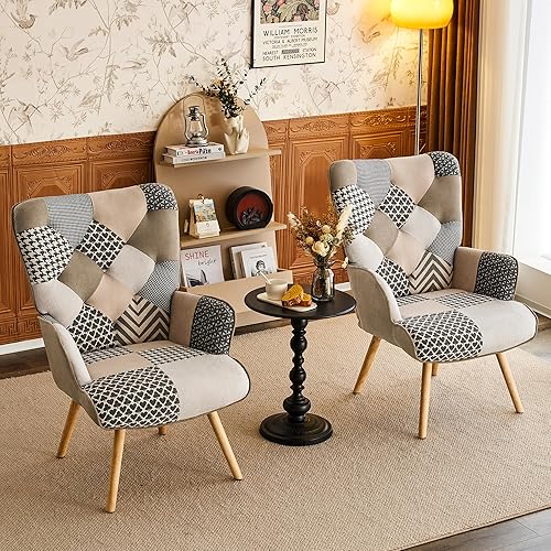 Miniatura 9 de Accent Chair, Living Room Chair, Modern High Back Armchair, Colorful Patchwork Reading Chairs for Bedroom, Lounge Chair with Linen Fabric Shell and