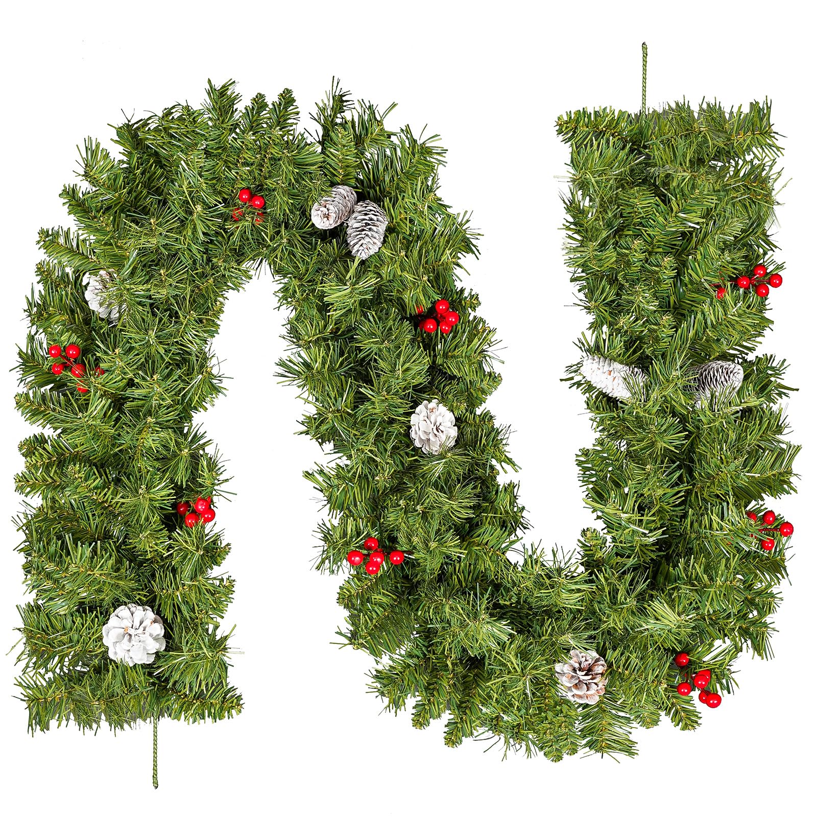 9FT/2.7m Christmas Garland, Uten Fireplace Garland Christmas, Realistic Green Christmas Garland with Pine Cones Red Berries Garland Decorations for Fireplace Stairs Door Xmas Tree Decor