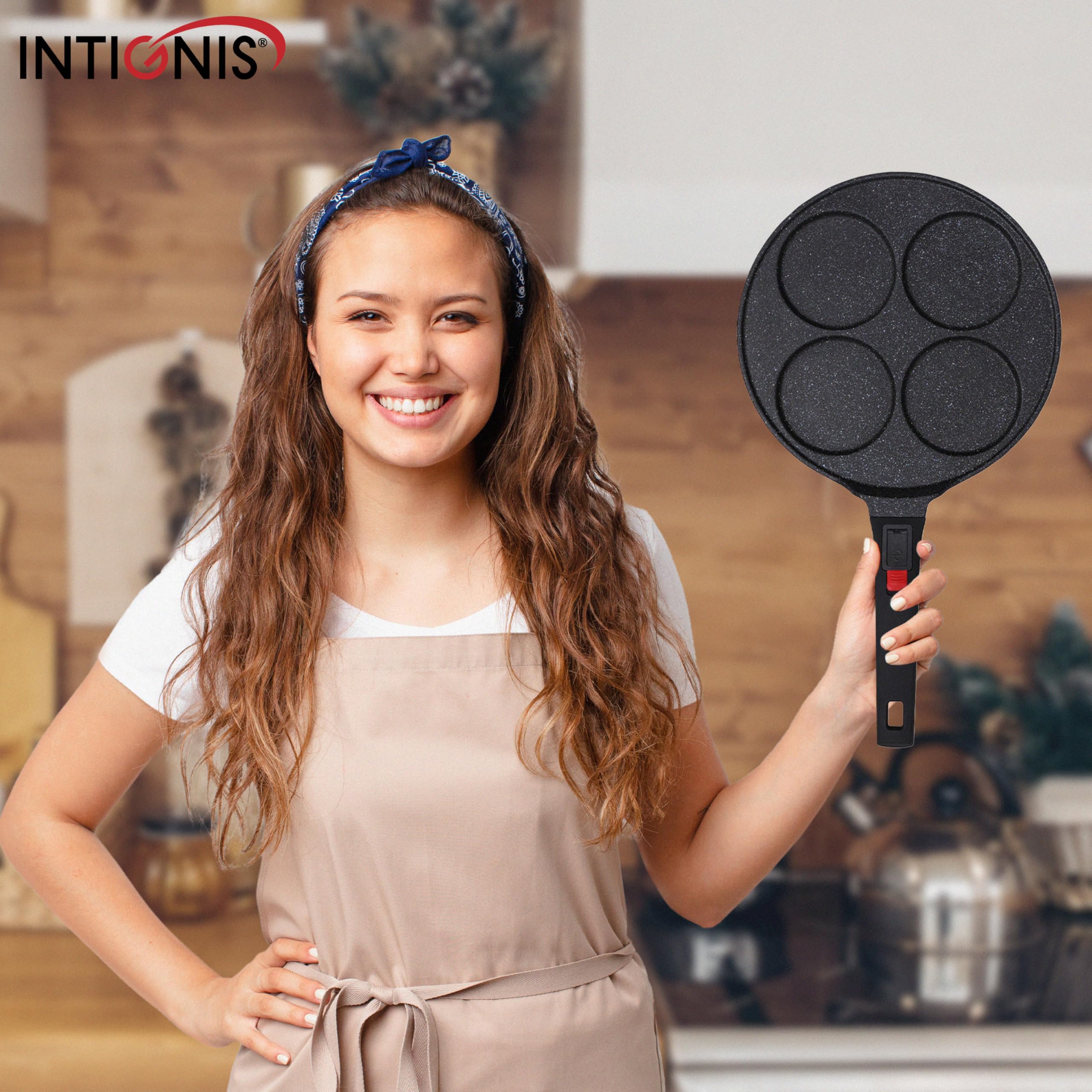 INTIGNIS Poêle à crêpes antiadhésive – Mini crêpière multi-trous avec poignée amovible, poêle à crêpes et crêpes de style américain 4 trous pour des crêpes individuelles parfaites (4 Smart)