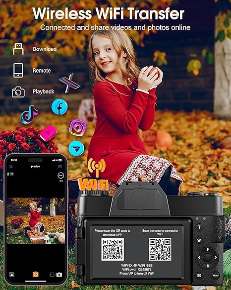 4K 75MP Digital Camera with WLAN & 180° Flip 3.0 Inch Screen, Auto Focus Vlogging Camera with 2 x 1500 mAh Batteries, 32 GB Memory Card, Compact Camera for Children, Adults, Seniors & Beginners - Image 5