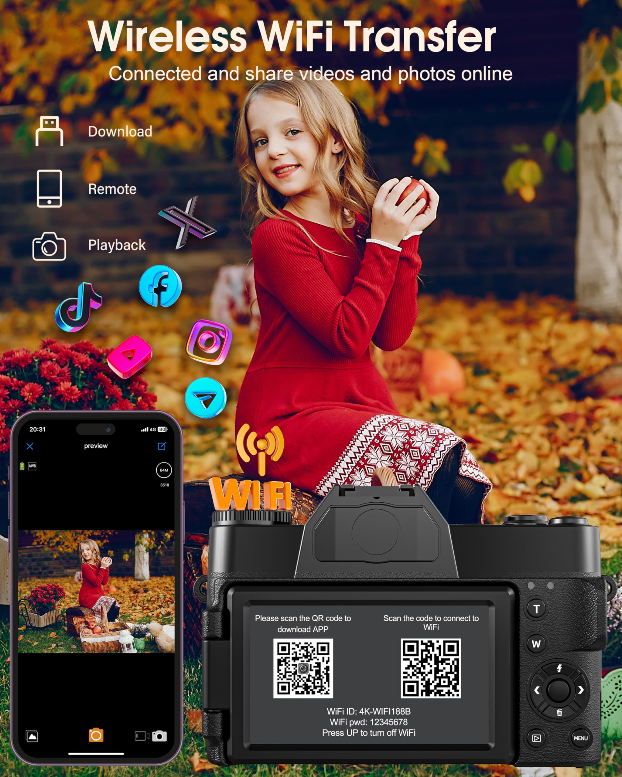 4K 75MP Digitalkamera mit WLAN & 180° Flip 3.0" Bildschirm, Autofokus Vlogging Fotoapparat mit 2X 1500mAh Batterien, Mikro-SD-Karte, Kompaktkamera für Erwachsene, Senioren & Anfänger