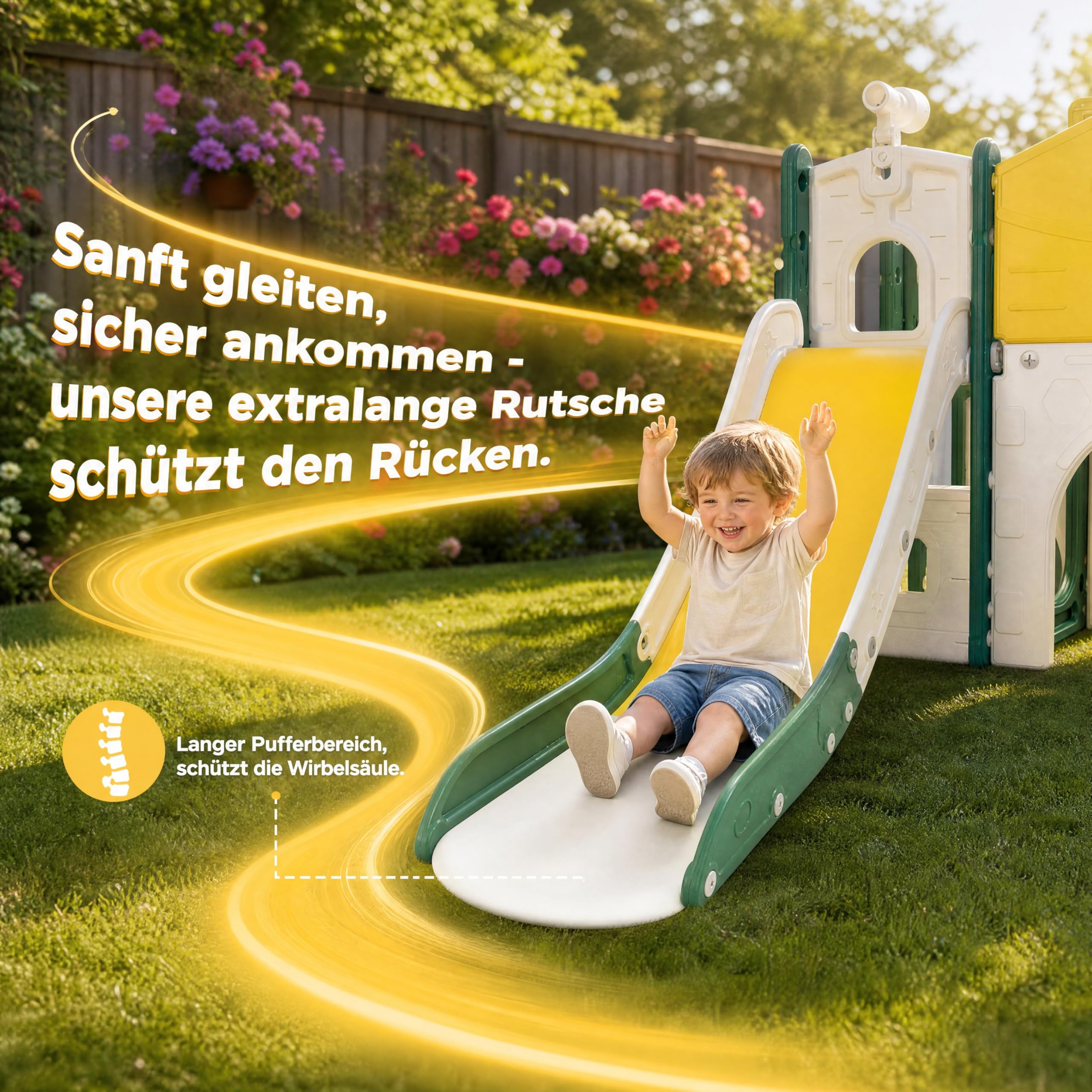 Rutsche für Kinder, 7 in 1, Rutsche für den Außen- und Innenbereich, Rutschenset für Kinder mit Treppe, Rutsche und Tunnel, für Kinder von 1 bis 6 Jahren, Doppelschiene, Gelb