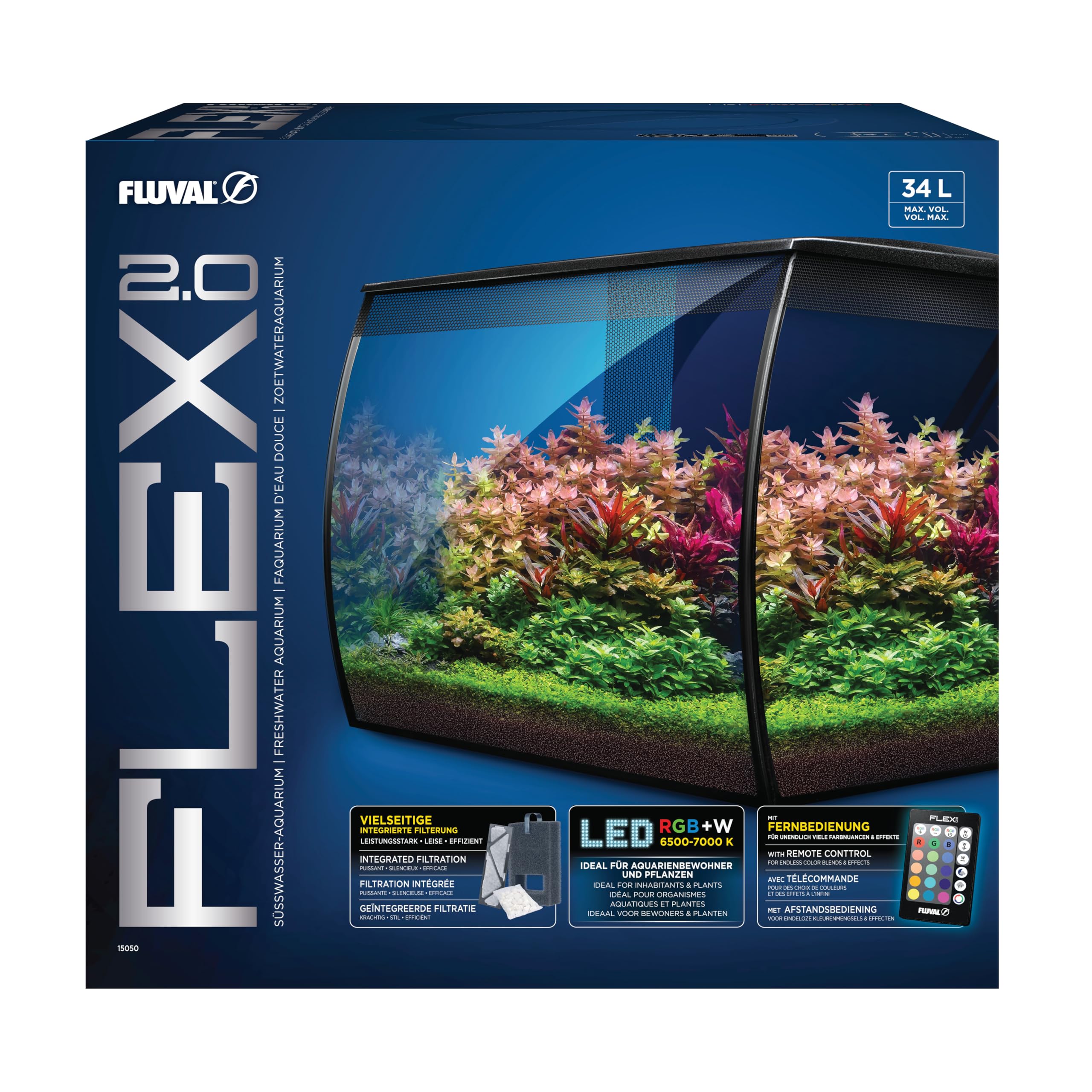 Fluval Flex 2.0 Aquarium Set 34 L, Nano Aquarium Komplettset mit geschwungener Frontscheibe, LED Beleuchtung mit Fernbedienung, integriertes 3-Stufen-Filtersystem, Fütterungsklappe und Düsenstrahlrohr