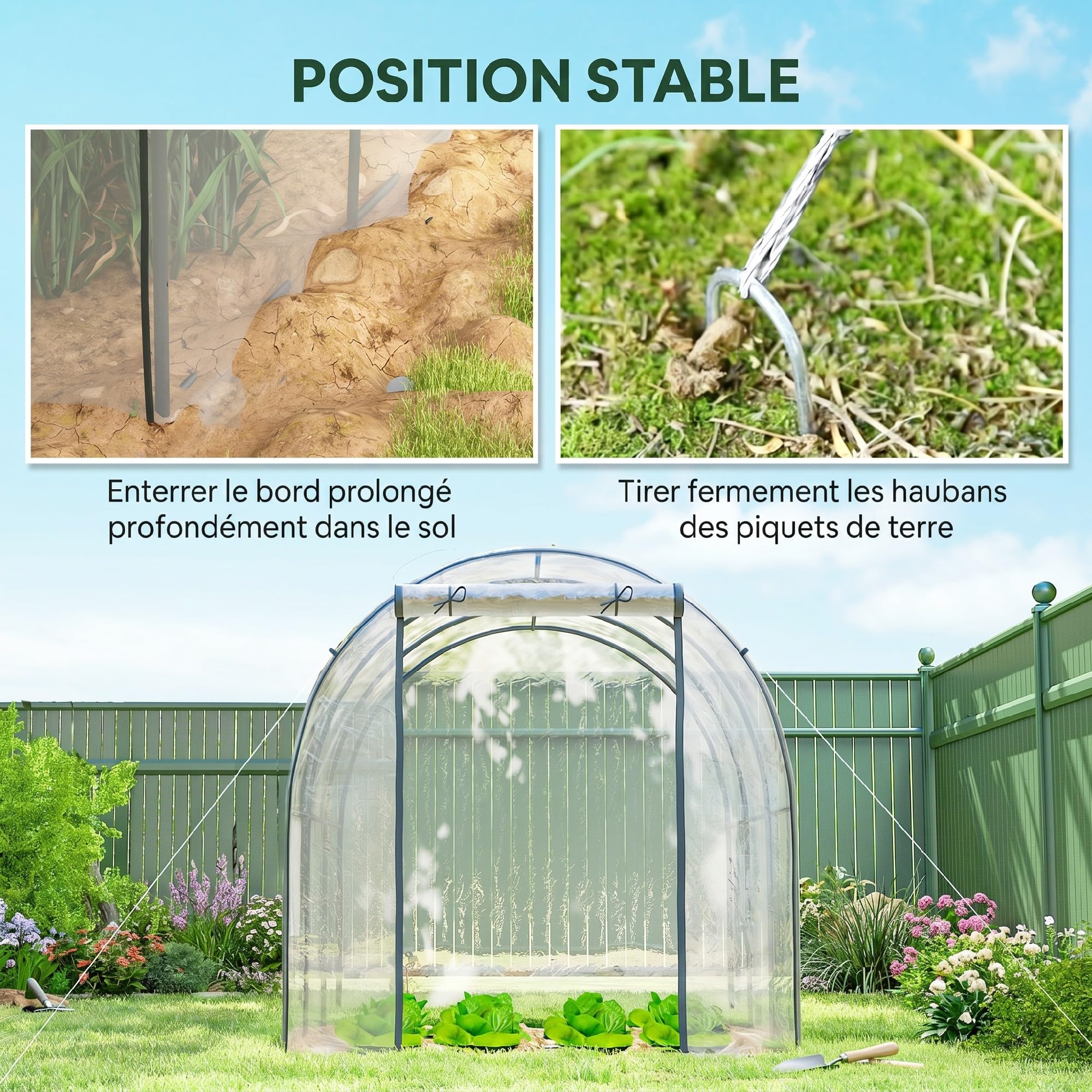 Outsunny Serre de Jardin Tunnel avec châssis Tubulaire renforcé Surface Sol 6 m² Porte zippée 2 fenêtres enroulables Serre à tomates 3L x 2l x 2H m - Transparent