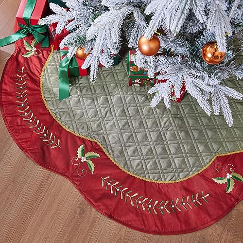 Miniatura 3 de X.Sem - Falda acolchada de seda sintética para árbol de Navidad, borde bordado de hojas de acebo, 50 pulgadas