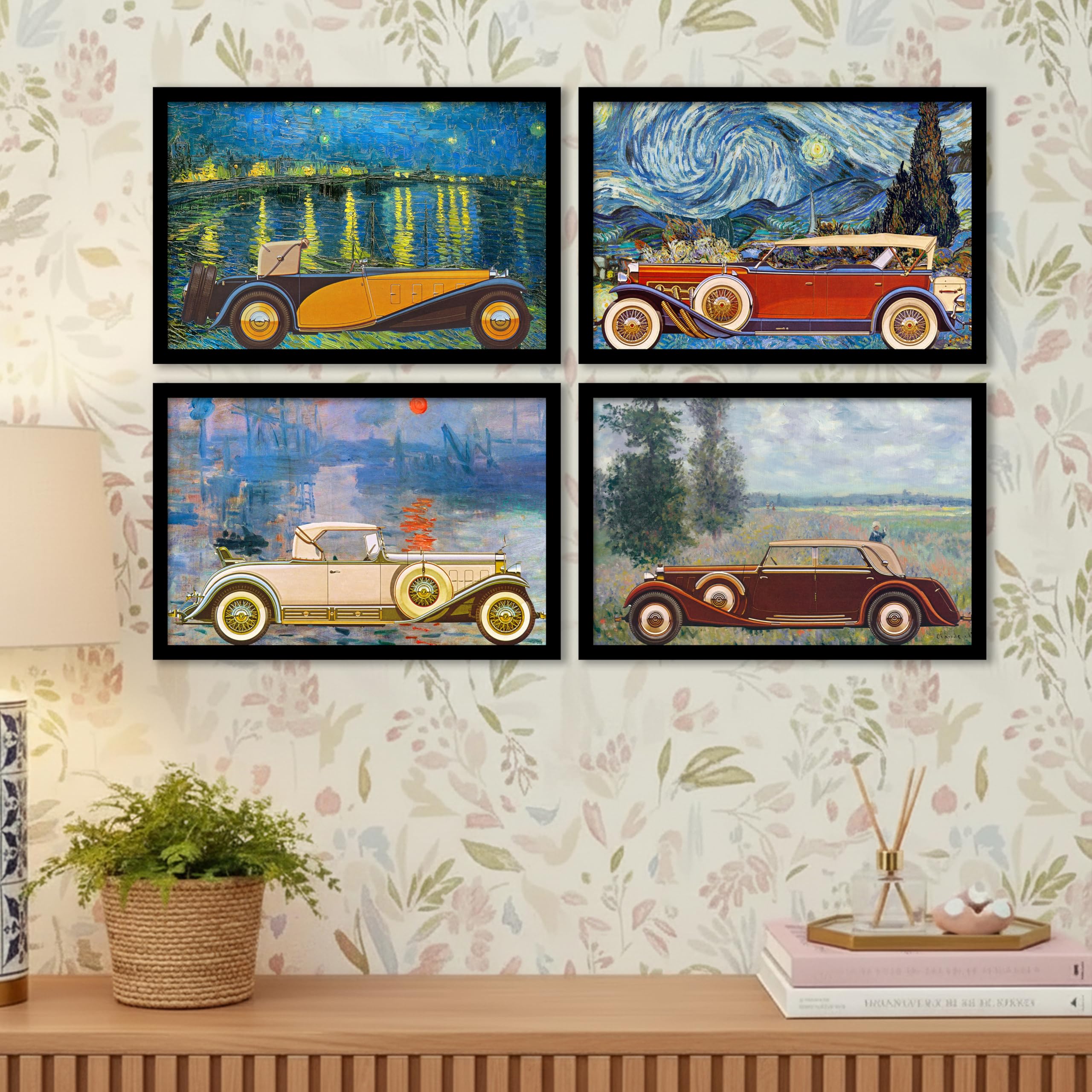 Artistic Vintage Car Framed Wall Art Painting Set of 4 | Classic