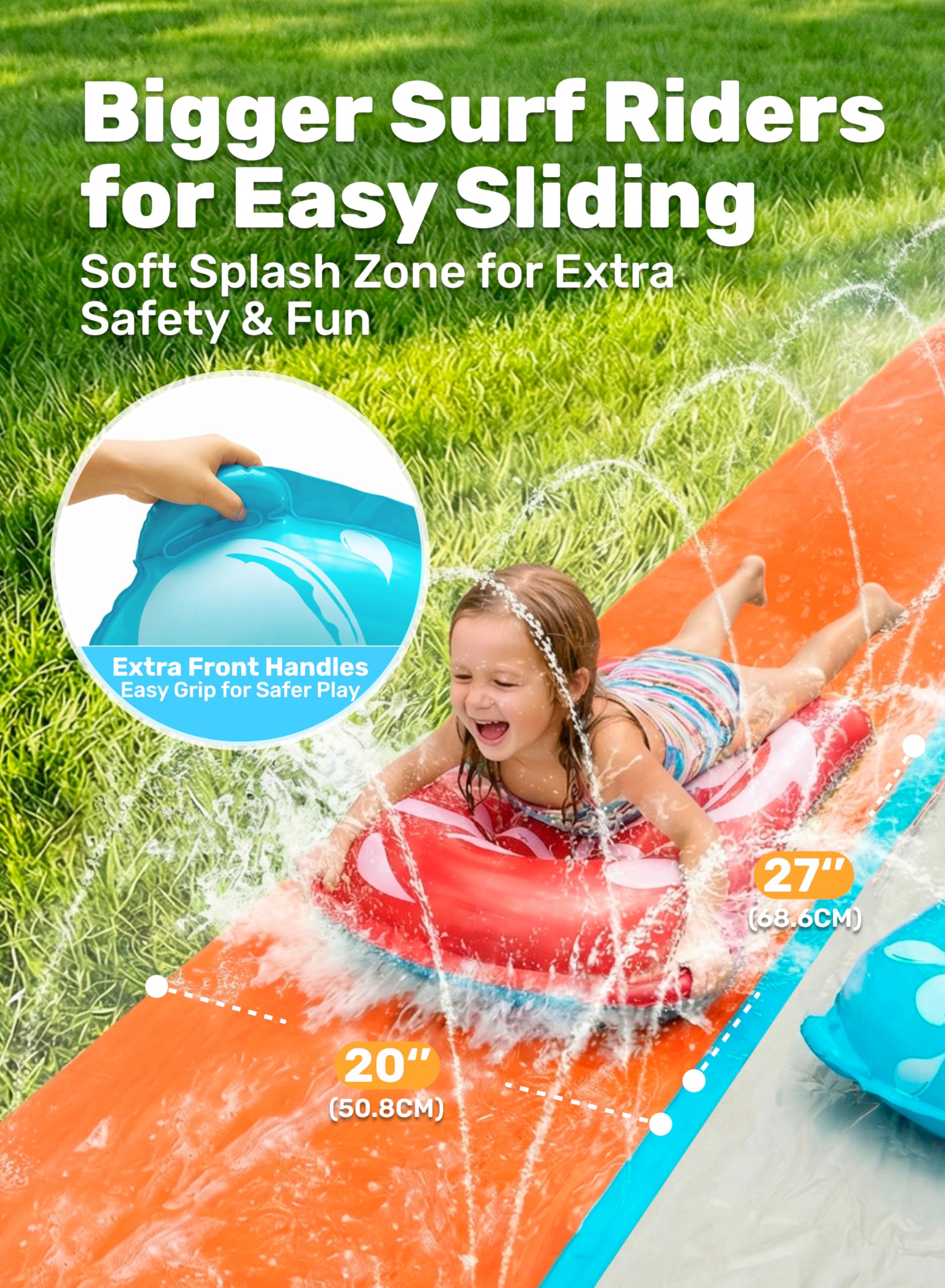 Sloosh 22,5ft Wasserrutsche mit 2 aufblasbaren Boards, doppelte Rasen-Wasserrutsche mit Sprinklern, Sommerspielzeug für Kinder und Erwachsene