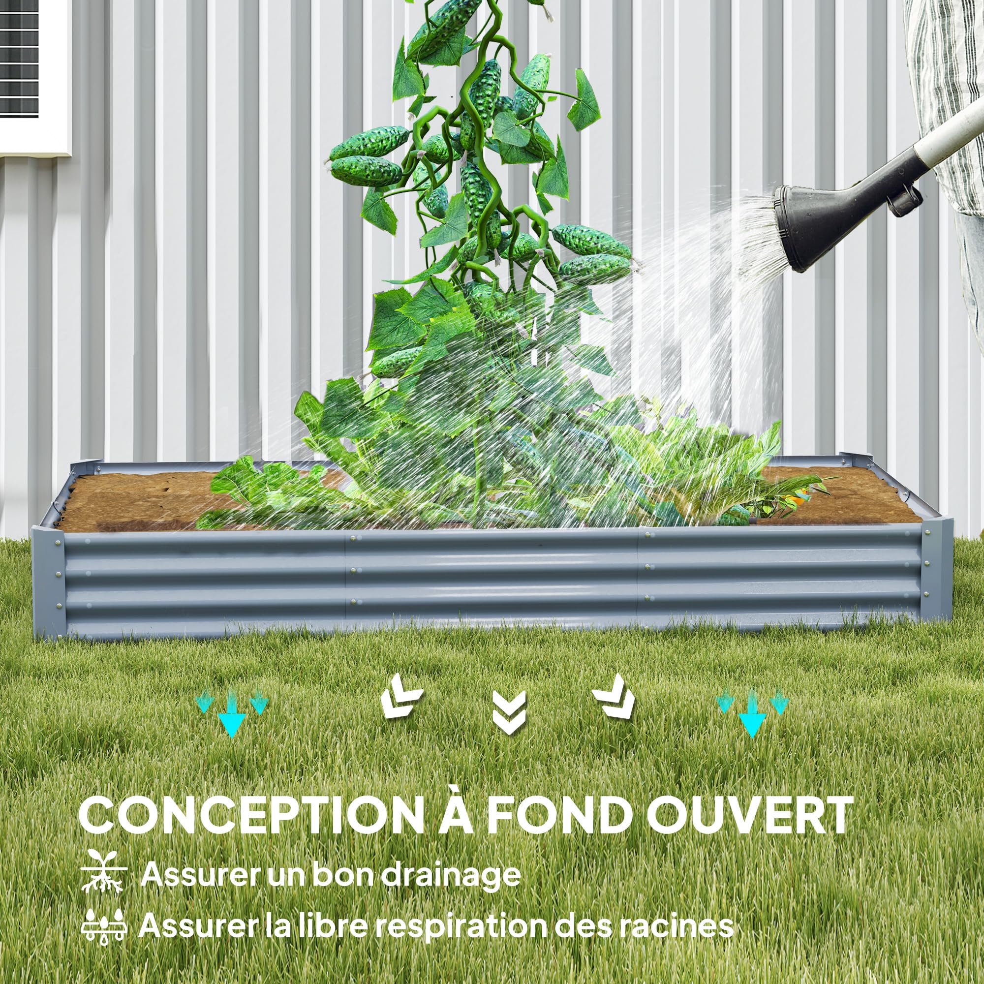 Outsunny Carré Potager rectangulaire, lit de Jardin surélevé en Acier galvanisé, Fond Ouvert, jardinière avec Bord Anti-Coupure Barres de Soutien, 240 x 120 x 30 cm, Gris argenté
