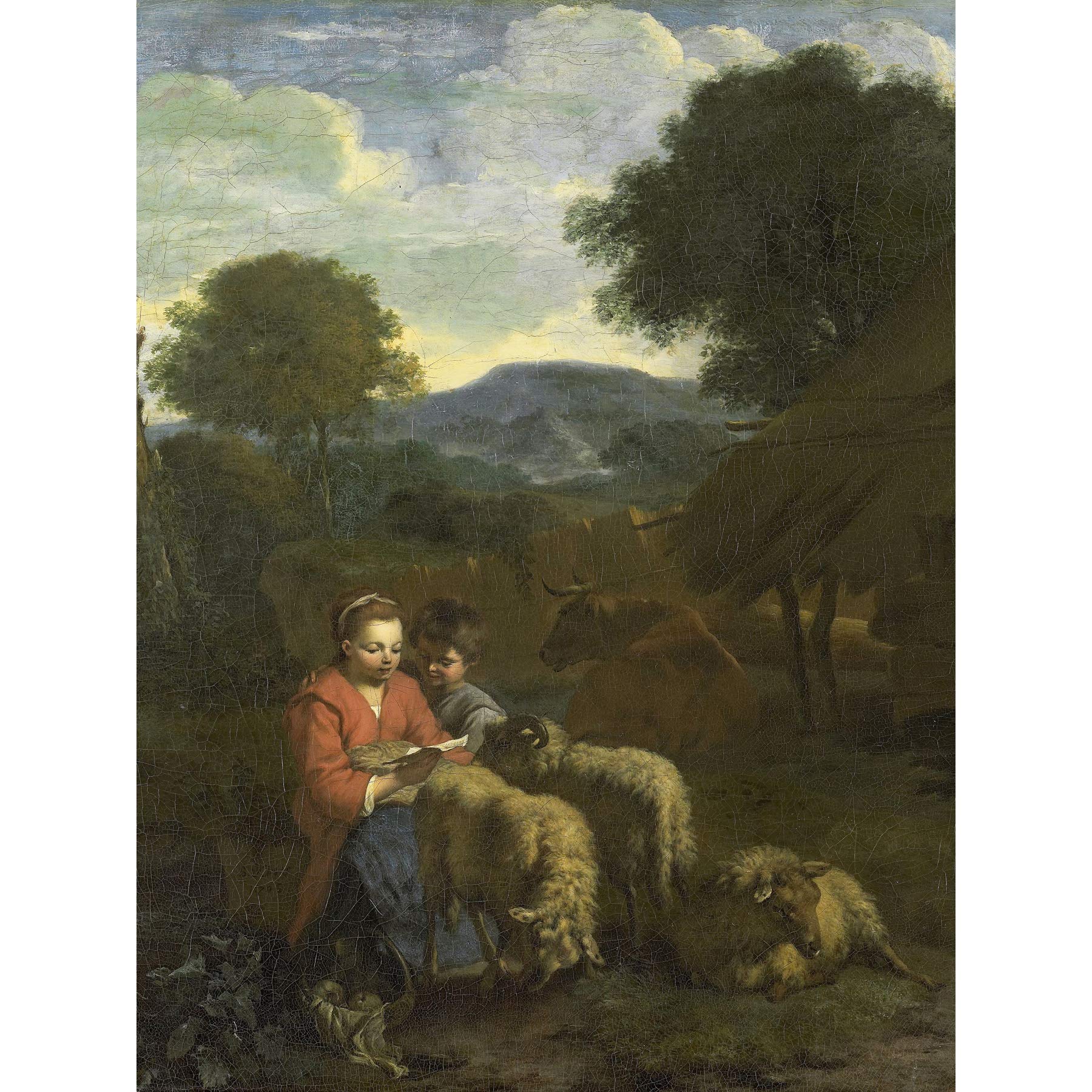 Artery8 Van Der Does Shepherdess Reading Child Sheep Premium Wall Art Canvas Print 18X24 Inch