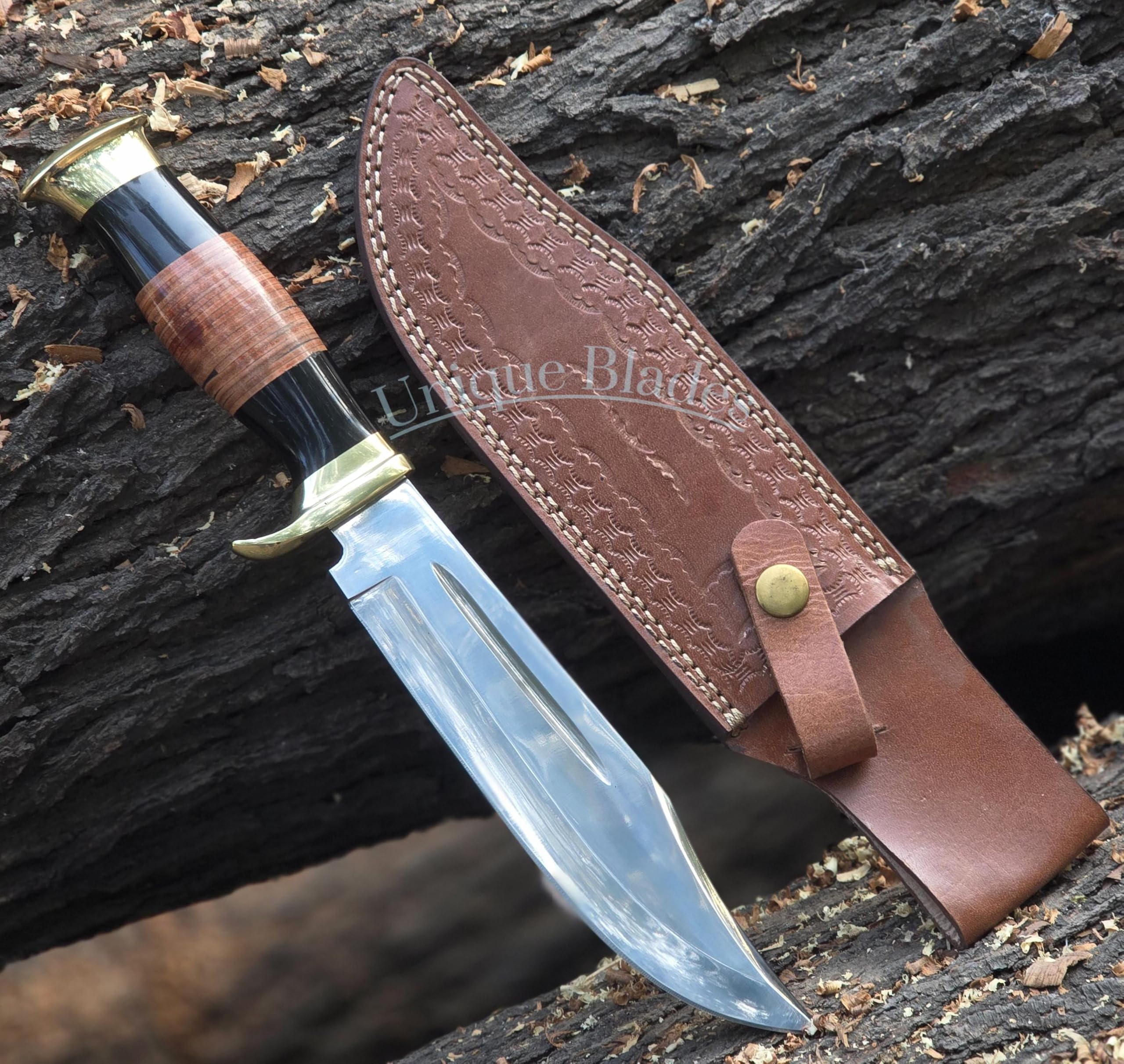 Jagdmesser mit Scheide, 1095 Stahl, Hochglanz Full-Tang, Micarta-Messinggriff, Feststehende Klinge