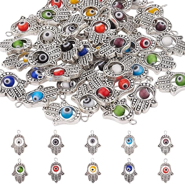 PandaHall 50pcs Antique Silver Hamsa Charms with 10 Color Evil Eye Beads Hand of Fatima Symbol Hand Beads Charms for Jewellery Making Findings DIY Necklace Bracelet