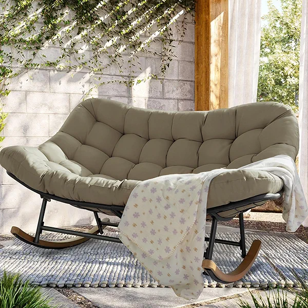 TXGDPIONEER Rocking Papasan Chair,Patio Rocking Chairs for 2-Person Indoor & Outdoor,Oversized Rocking Chair with Thicken Cushion and Steel Frame,Rocker Lounge Chair for Yard,Living Room,Beige