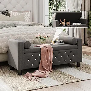 Maupvit 55" Storage Bench Ottoman End of Bed Bench Bedroom Bench, Linen Upholstered Storage Bench Accent Bench with Arms, 2 Pillows for Bedroom,Living Room, Entryway, Dark Grey