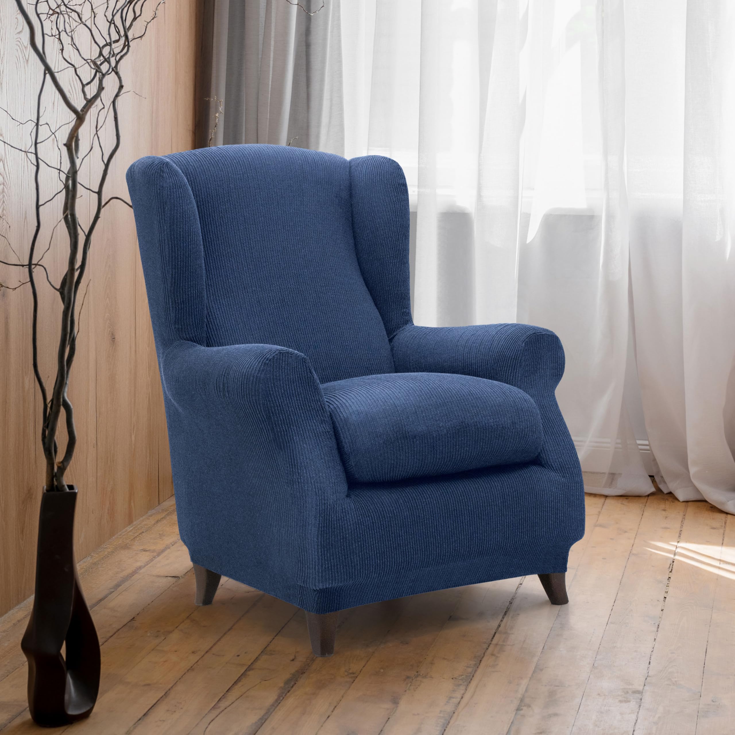 FAVERTI® Fodera elastica per poltrona da 70 a 100 cm | modello reale | blu | fodera regolabile per poltrona paraorecchie universale | protezione di qualità in tessuto jacquard al tatto di cotone