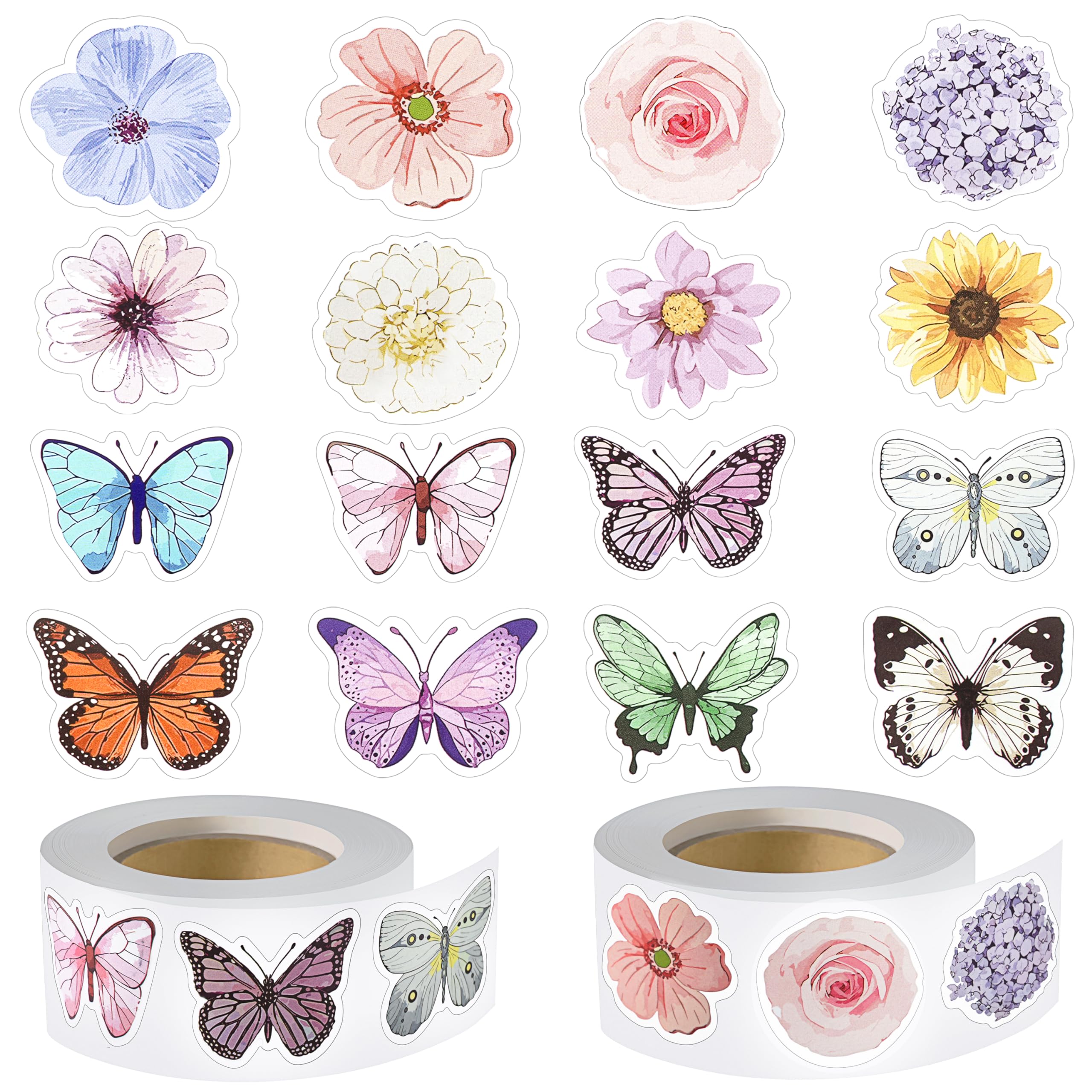 Winter Shore Rollo de Pegatinas Flores y Mariposas (1000 Pegatinas) - 2 Rollos de Stickers Agenda Variados para Álbumes de Recortes, Manualidades, Decoraciones - 16 Diseños Únicos - 2,5 a 3 cm