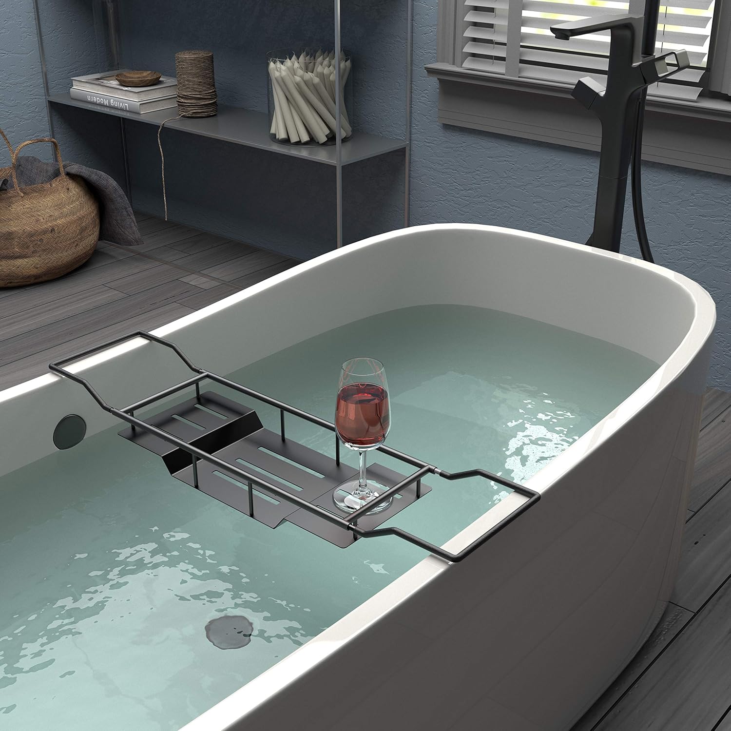 Gatco 1418MX Adjustable Bathtub Caddy, 28-37 Inch, Matte Black