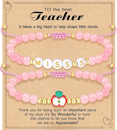 Teacher Appreciation Bracelet Gifts for Women Initial Beaded Bracelets Back to School Thank You Teacher Gifts 2pcs Link Bracelet New Teacher Graduation Gift Birthday Retirement Teachers' Day Jewelry