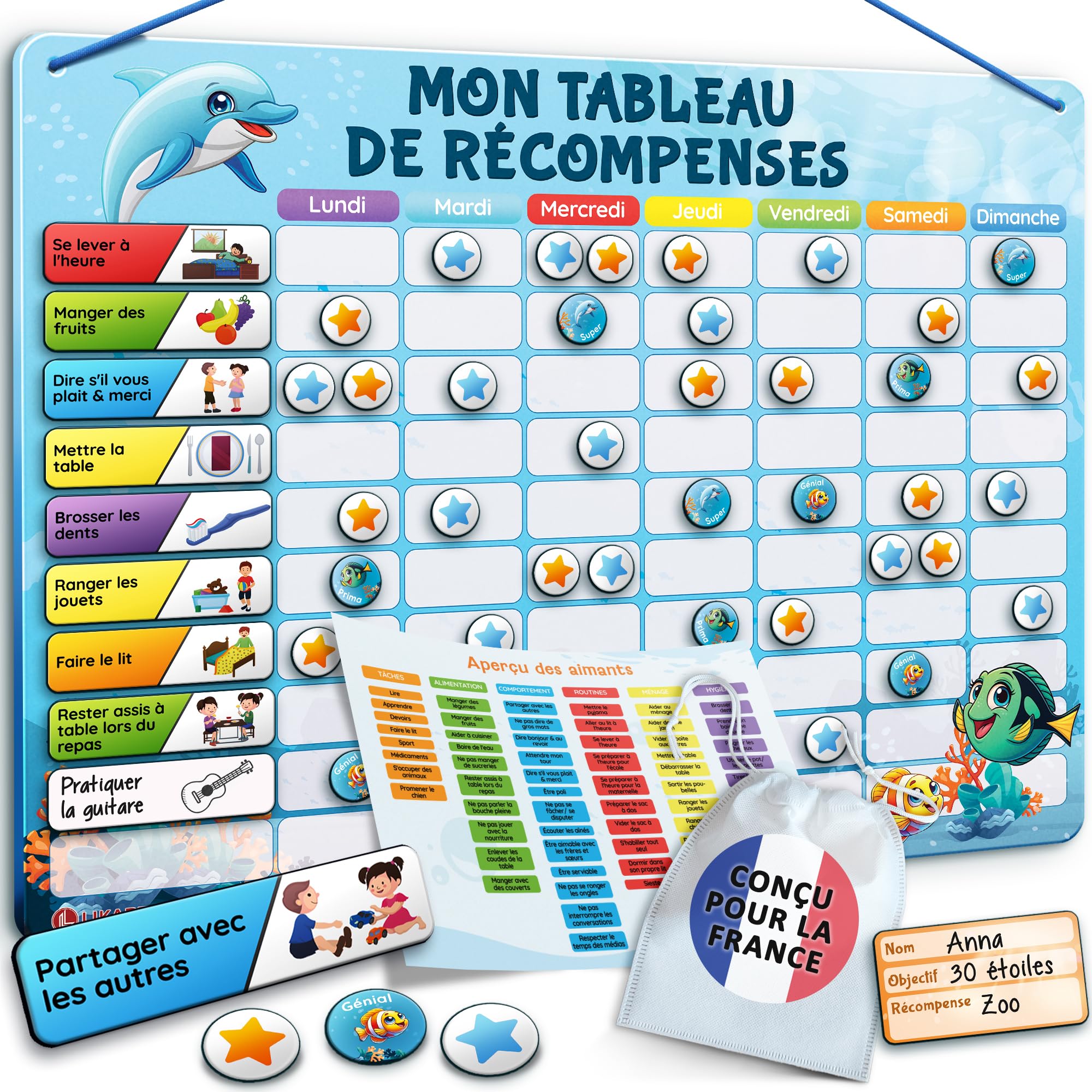 LIKARTO Tableau de Récompenses pour Enfants - Tableau magnétique avec de Nombreuses tâches et 280 aimants - Encourager Les Bons comportements - Calendrier Éducatif pour Enfant - Bleu