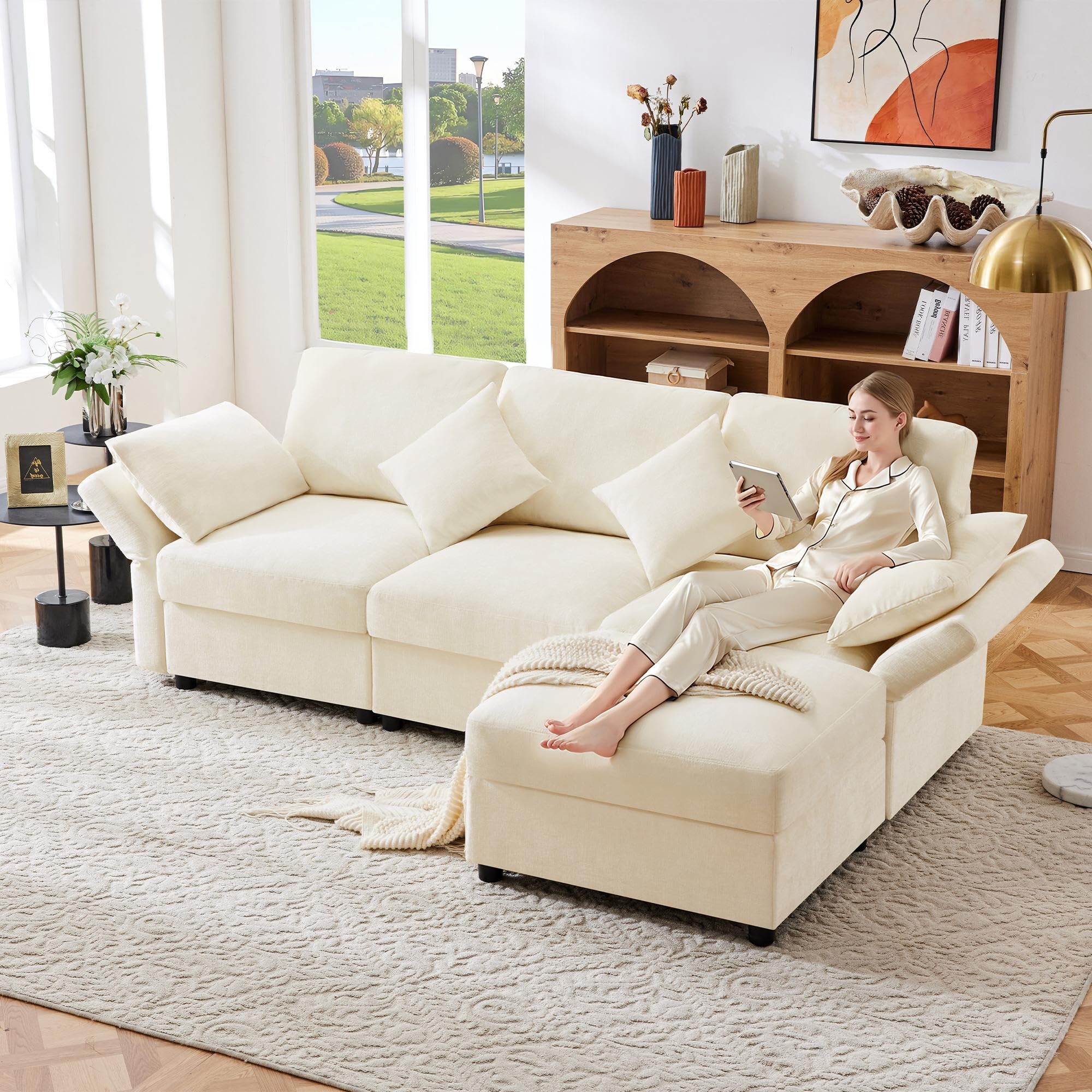 Hoekbank Vegas wit/beige chenille stof links/rechts
