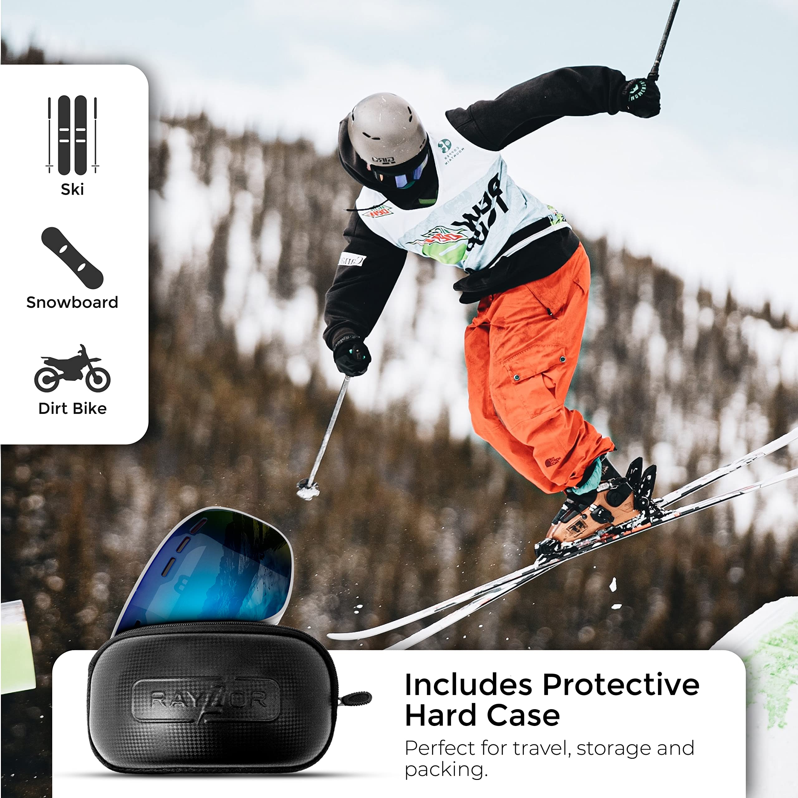 RayZor Skibril, snowboardbril voor dames en heren, OTG-skimasker met UV400-bescherming, condens- en onbreekbare skibril, anti-verblindingsbril voor mannen, vrouwen, jongens en meisjes