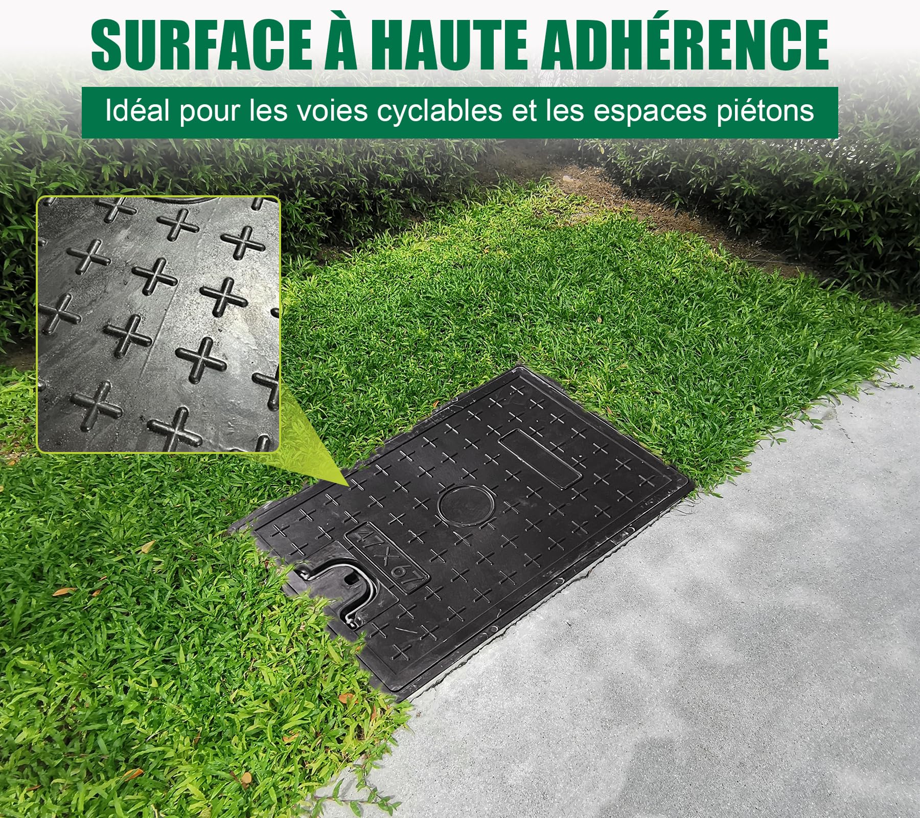 600x400 mm Couvercle de regard en fibre de verre PRV sans cadre, A15 plaque d'égout en FRP rectangulaire avec poignée, Pour l'allée, le jardin, le cour, le trottoir