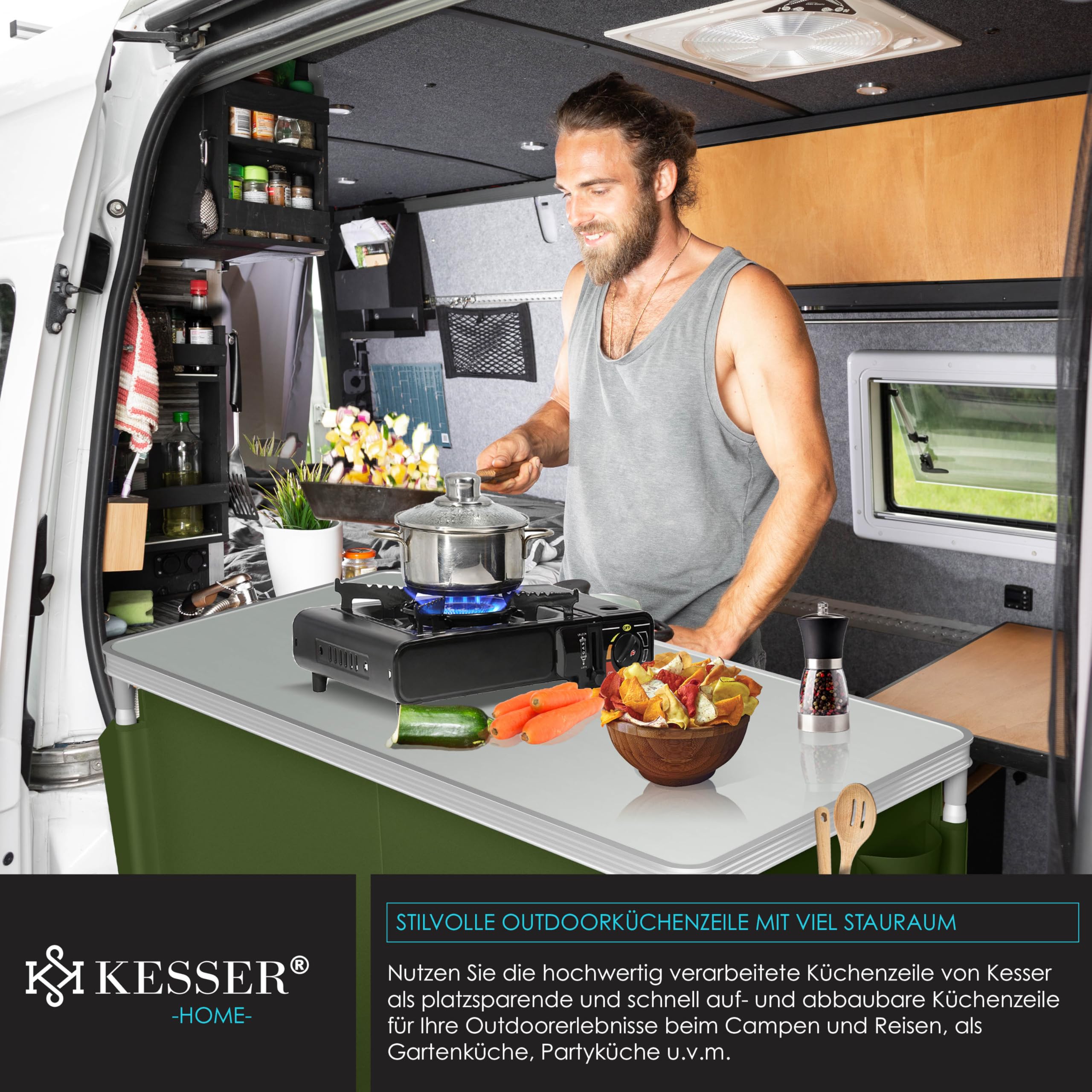 KESSER® Cucina da campeggio, con borsa per il trasporto e set di bicchieri, armadietto da campeggio pieghevole, con struttura in alluminio, cucina da viaggio, armadietto da campeggio, cucina