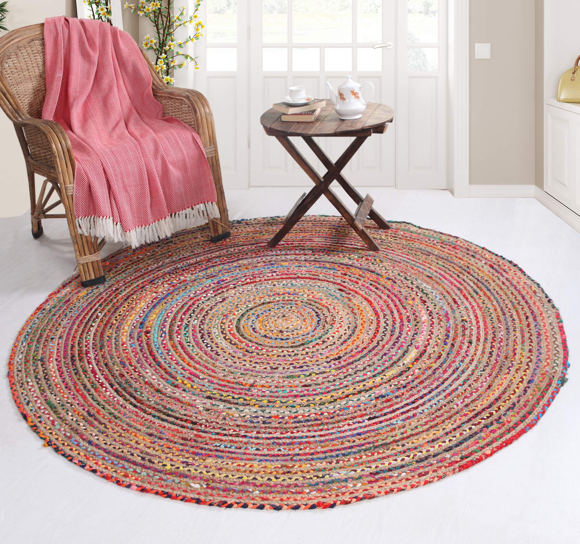 Tapis rond tressé en coton et toile de jute commerce équitable 120 cm multicolore tapis chindi