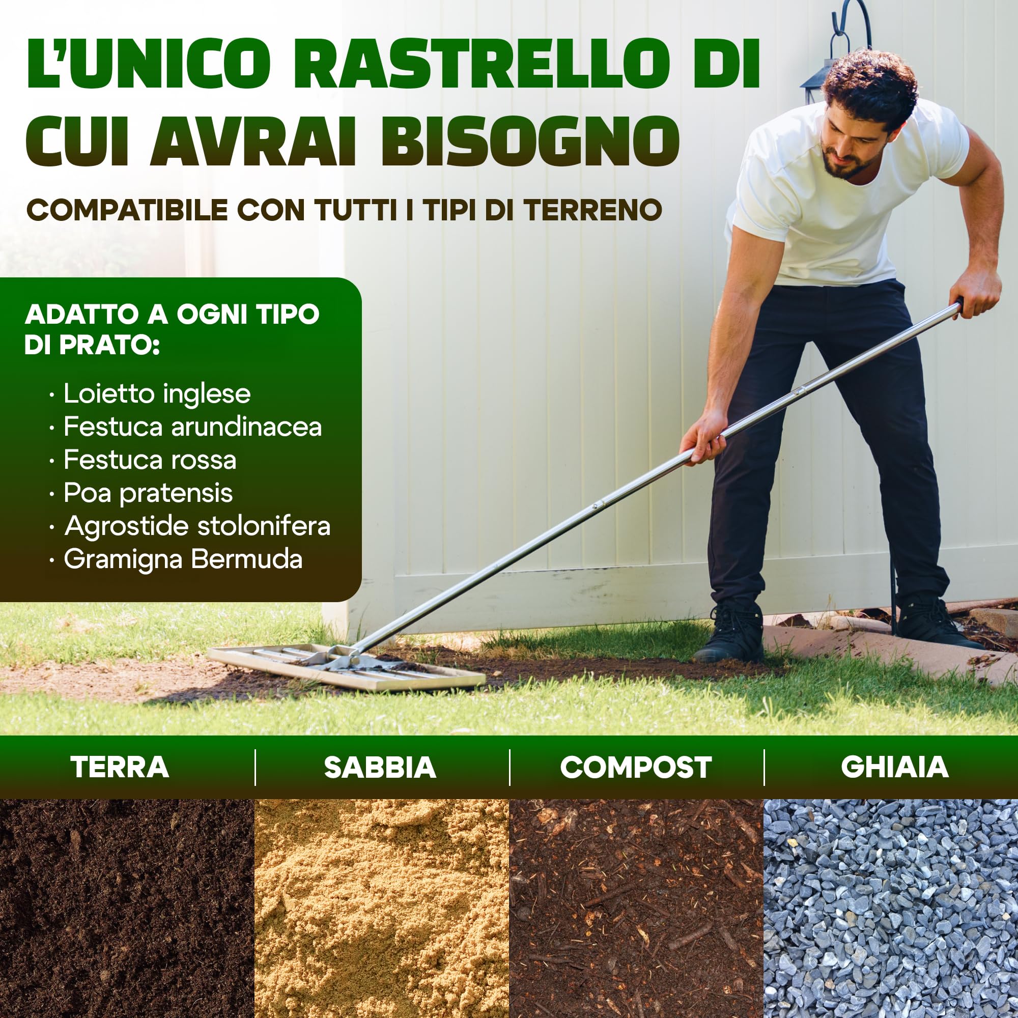 Rastrello Livellatore per Prato 80x30cm + Arieggiatore Prato | 100% acciaio inossidabile - Arieggiatore per prato sarchiatore per erbacce scarificatore per prato togli erbacce livellatore