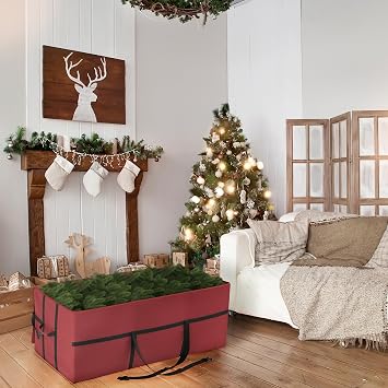 Christmas Tree Storage Bag - Canvas Container with Zipper and Binding Straps for Up to 9-Foot Artificial Trees and Decorations by Elf Stor (Red)