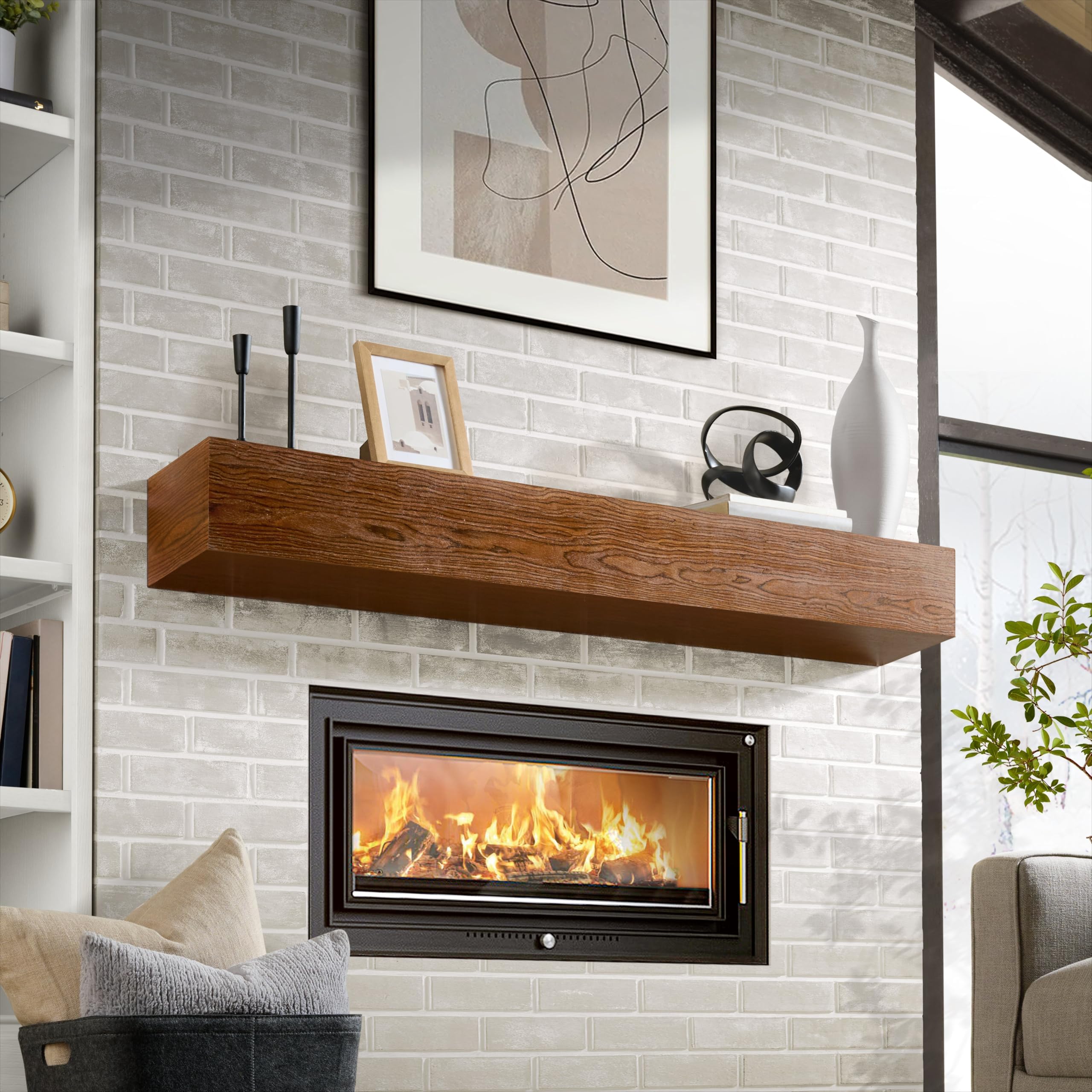 60 Inch Walnut Fireplace Mantel by SORUNKU, Floating Walnut Fireplace Shelf, Real Wood Material, Built in French Cleat Hanging System, Quick & Easy Installation