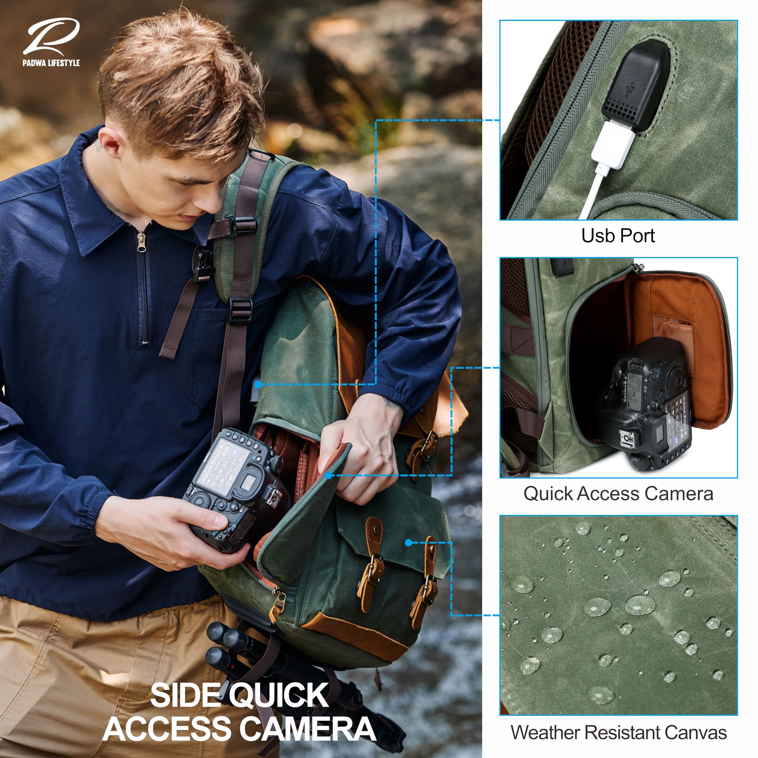 Padwa Lifestyle Grüner Kamerarucksack - wetterfeste Kameratasche aus gewachstem Memory Canvas mit 16“ Laptop-/Objektivfach und Stativfach, Mehrzweck-Kamerarucksack für professionelle Fotografen